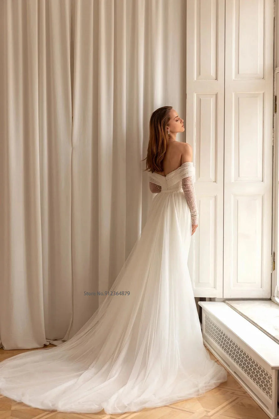 Sparkly Sequin Off-Shoulder Mermaid Wedding Gown with Removable Train - Perfect for Beach Weddings, Evening Galas & Formal Occasions