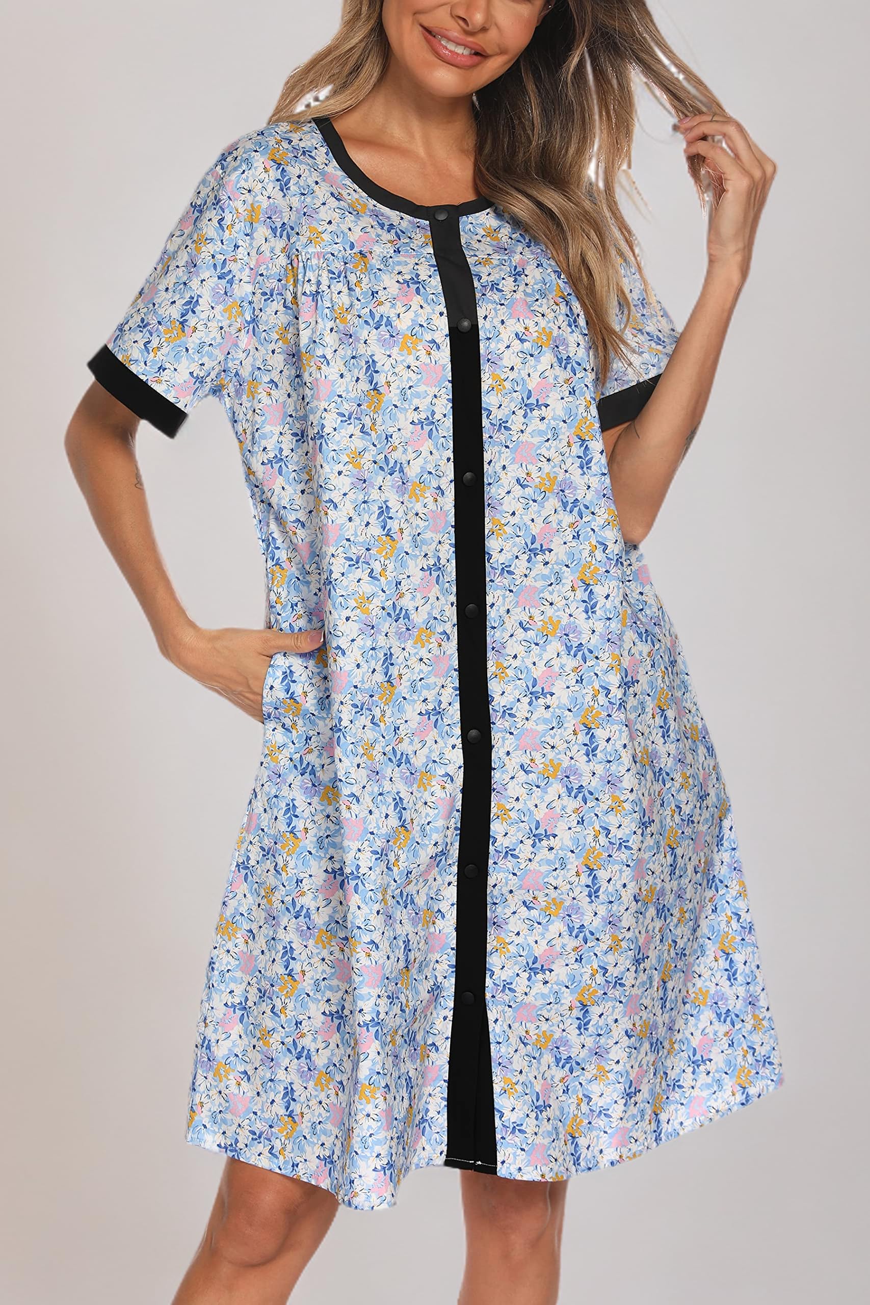 YOZLY Women's Short Sleeve House Dress - Comfortable Duster Robe & Moomoo Nightgown with Pockets | Perfect for Lounging, Sleeping & Home Wear