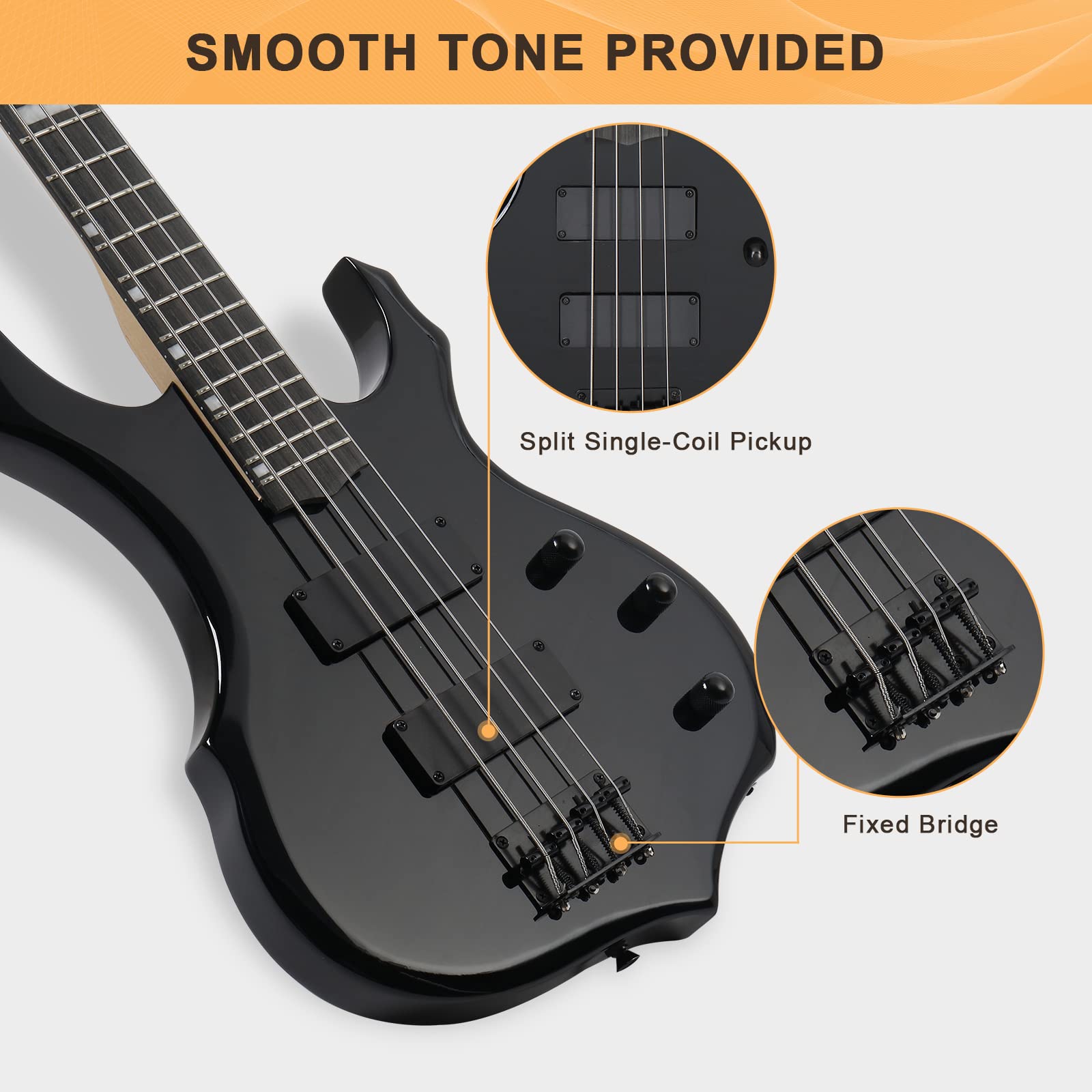 GLARRY 4-String Electric Bass Guitar with HH Pickups - Fire Style Design for Beginners & Adults - Includes Amp Cable, Gig Bag, Strap (Black) - Perfect for Rock, Jazz & Home Practice