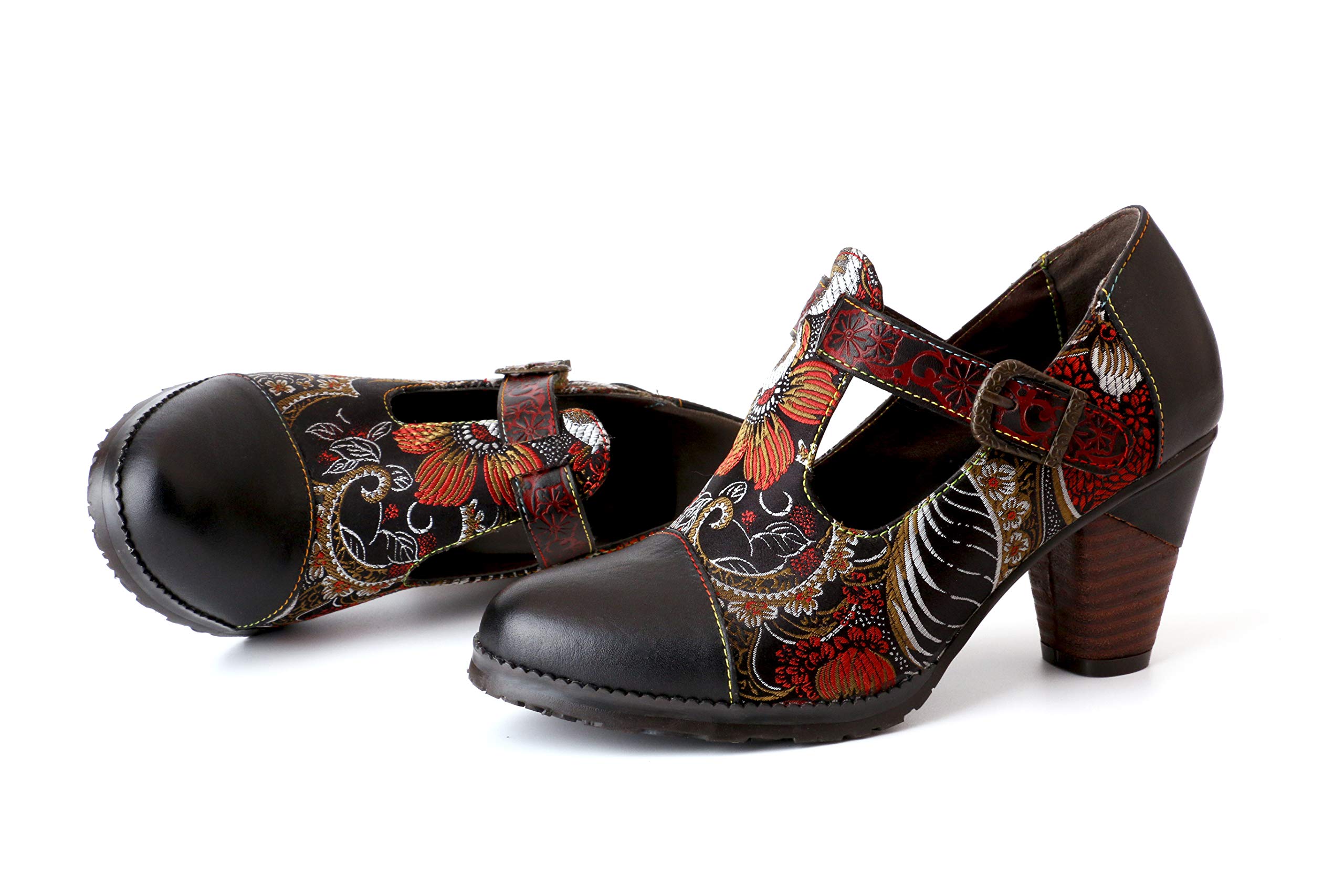 CrazycatZ Women's Vintage Leather Mary Jane Shoes with Colorful Patchwork & Block Heel - Retro Fashion Pumps for Office, Party & Everyday Wear