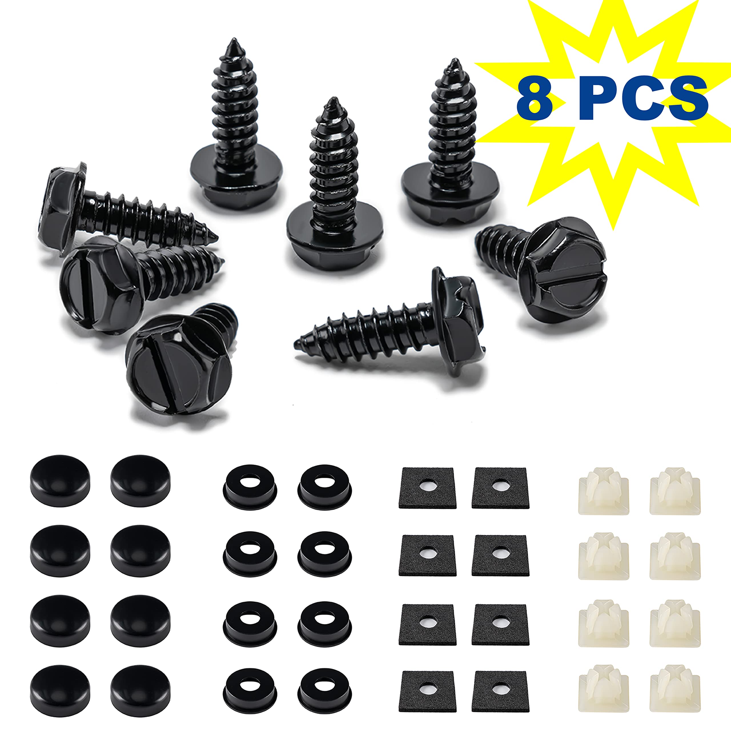 Hoewina 8 Sets Stainless Steel Anti-Theft License Plate Screws - Anti-Rattle & Rust-Proof Bolts for Securing License Plates Frames or Covers - Compatible with Cars, Trucks, SUVs (Black) - Perfect for Parking Lots, Car Shows & Vehicle Security