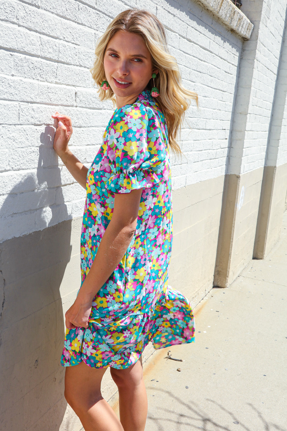 Elegant Blue Smocked Notch Neck Babydoll Floral Print Dress - Perfect for Summer Parties, Weddings & Date Nights