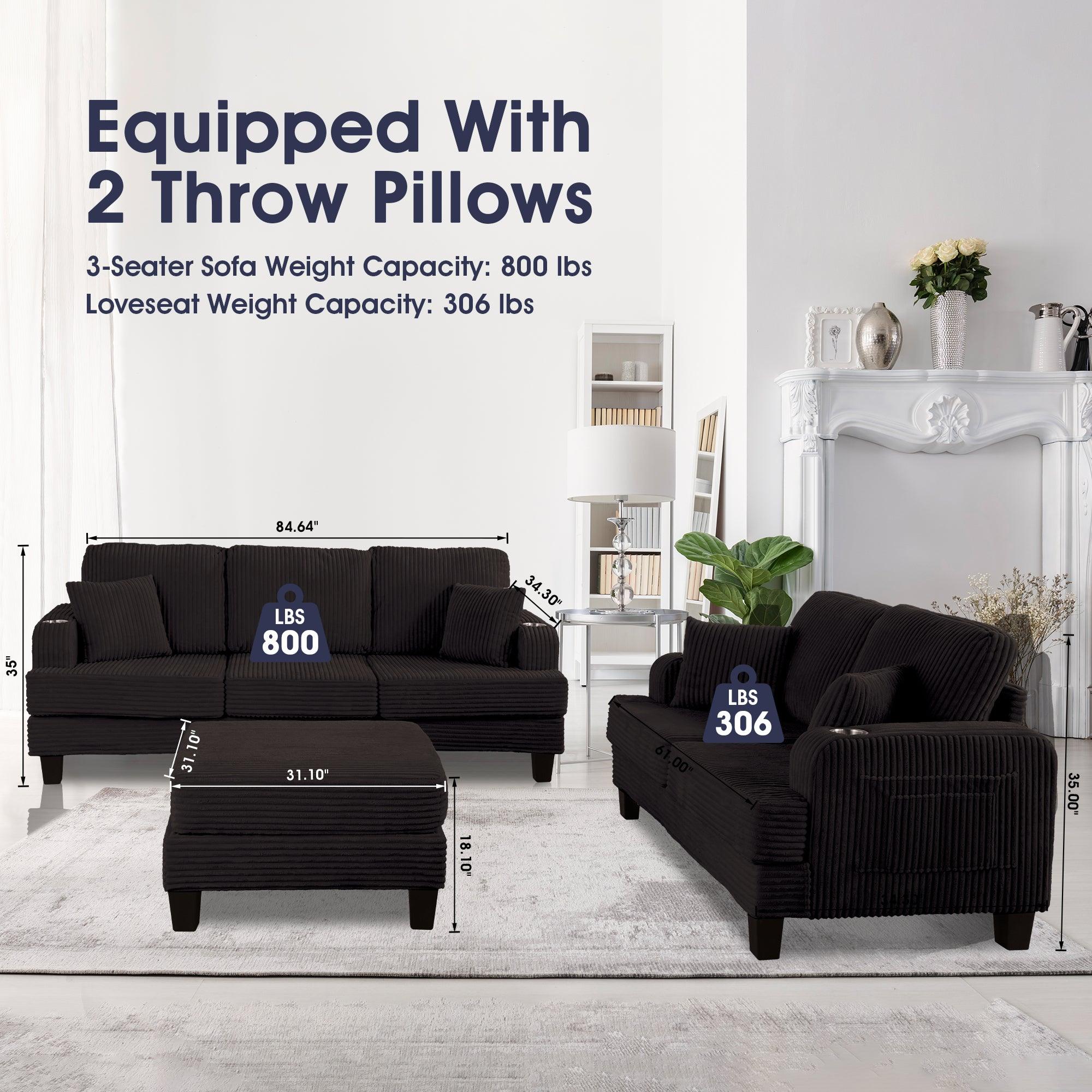 3-Piece Black Sofa Set with Storage Ottoman - Comfy 3-Seater Couch & Loveseat for Living Room | Includes USB Ports, Side Pockets & Throw Pillows | Perfect for Family Gatherings, Movie Nights & Small Space Living