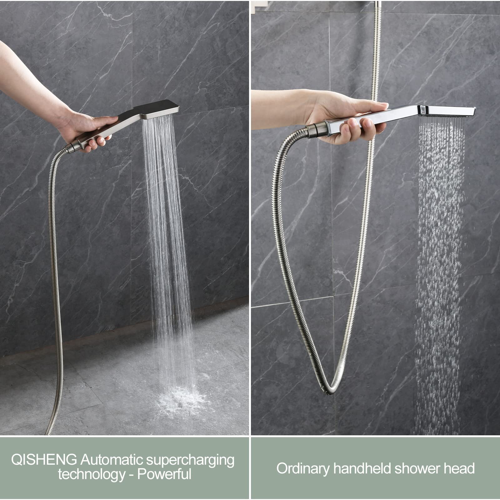 QISHENG 10 Inch Wall Mounted Rainfall Shower System - Brushed Nickel Pressure Balanced Shower Faucet Set with Handheld Sprayer - Perfect for Modern Bathroom Renovation & Spa-Like Shower Experience