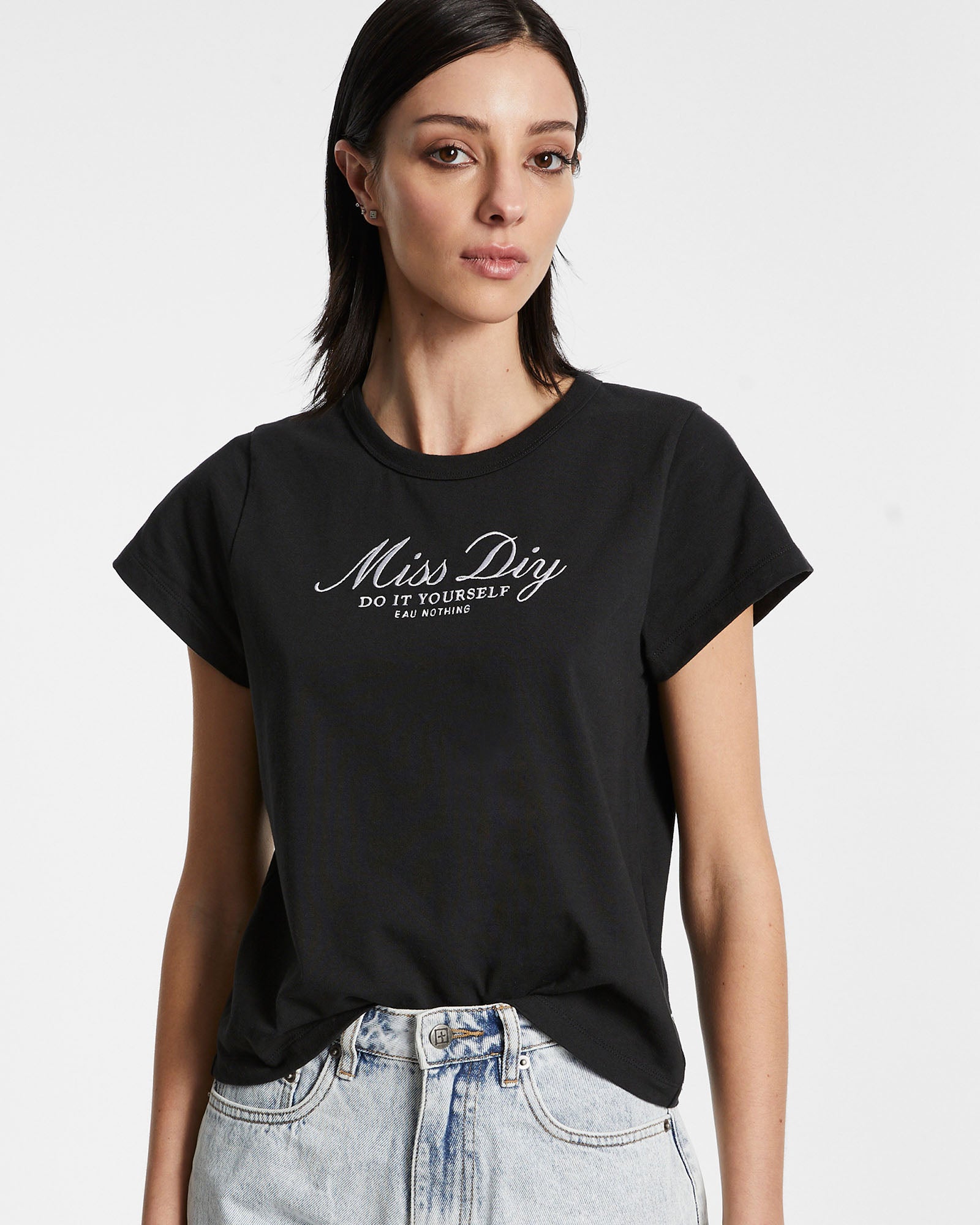 MISS DIY Mini Short Sleeve Tee - Jet Black - Women's Casual T-Shirt for Summer Outfits, Streetwear & Everyday Wear