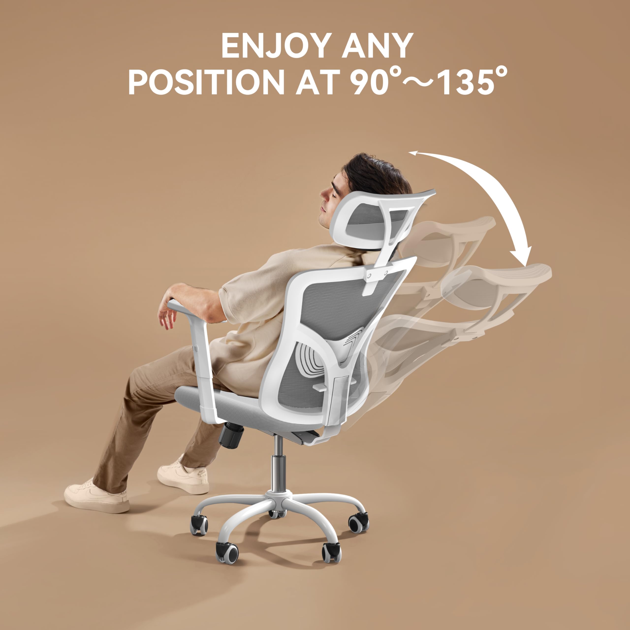 NOBLEWELL Ergonomic Office Chair with Adjustable Lumbar Support & Headrest - 2D Armrests, 135° Reclining Backrest, Swivel Computer Desk Chair for Home Office - Perfect for Long Work Hours & Gaming Sessions