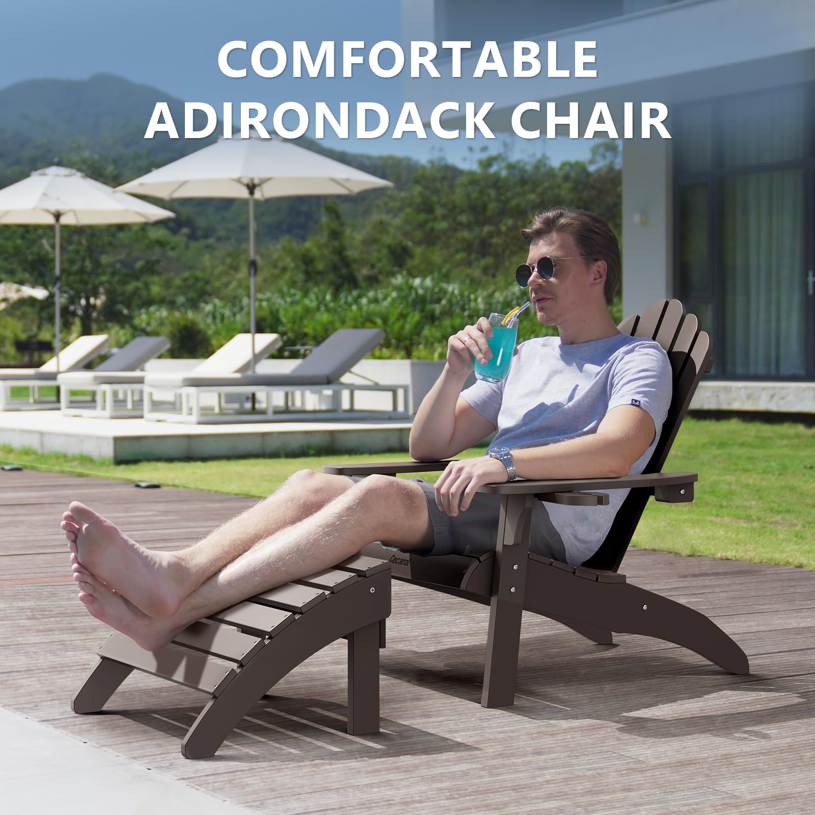 Premium Plastic Adirondack Chair with Cup Holder - Weather-Resistant Outdoor Patio Furniture for Garden, Porch, Lawn & Fire Pit Areas - Comfortable Seating for Relaxation (AC01S, Coffee Brown)