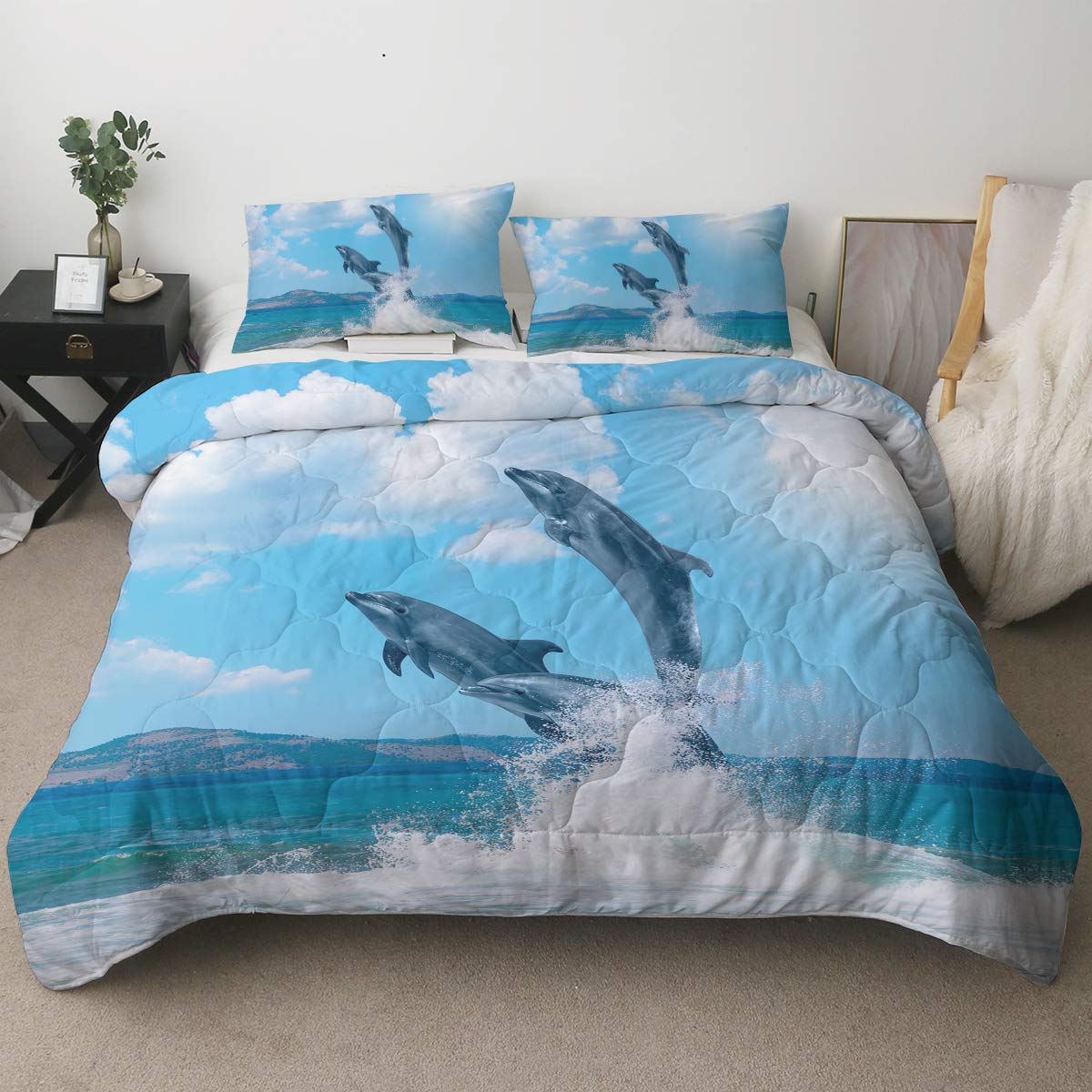 ARIGHTEX 3-Piece Queen Size Bedding Set - Reversible Jumping Dolphins Print Comforter with 2 Pillow Shams | Ultra-Soft Blue All-Season Duvet Cover | Lightweight & Comfortable for Bedroom, Guest Room, Kids Room & Dorm Decor