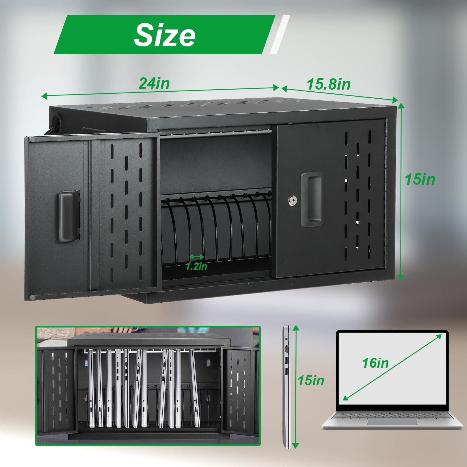 16-Device Wall-Mount Charging Station for Laptops & Tablets - Secure Storage Cabinet for Chromebooks, Laptops & Tablets - Ideal for Classrooms, Libraries, Offices & Conference Rooms - Lockable Black Charging Cart with Multi-Device Organization