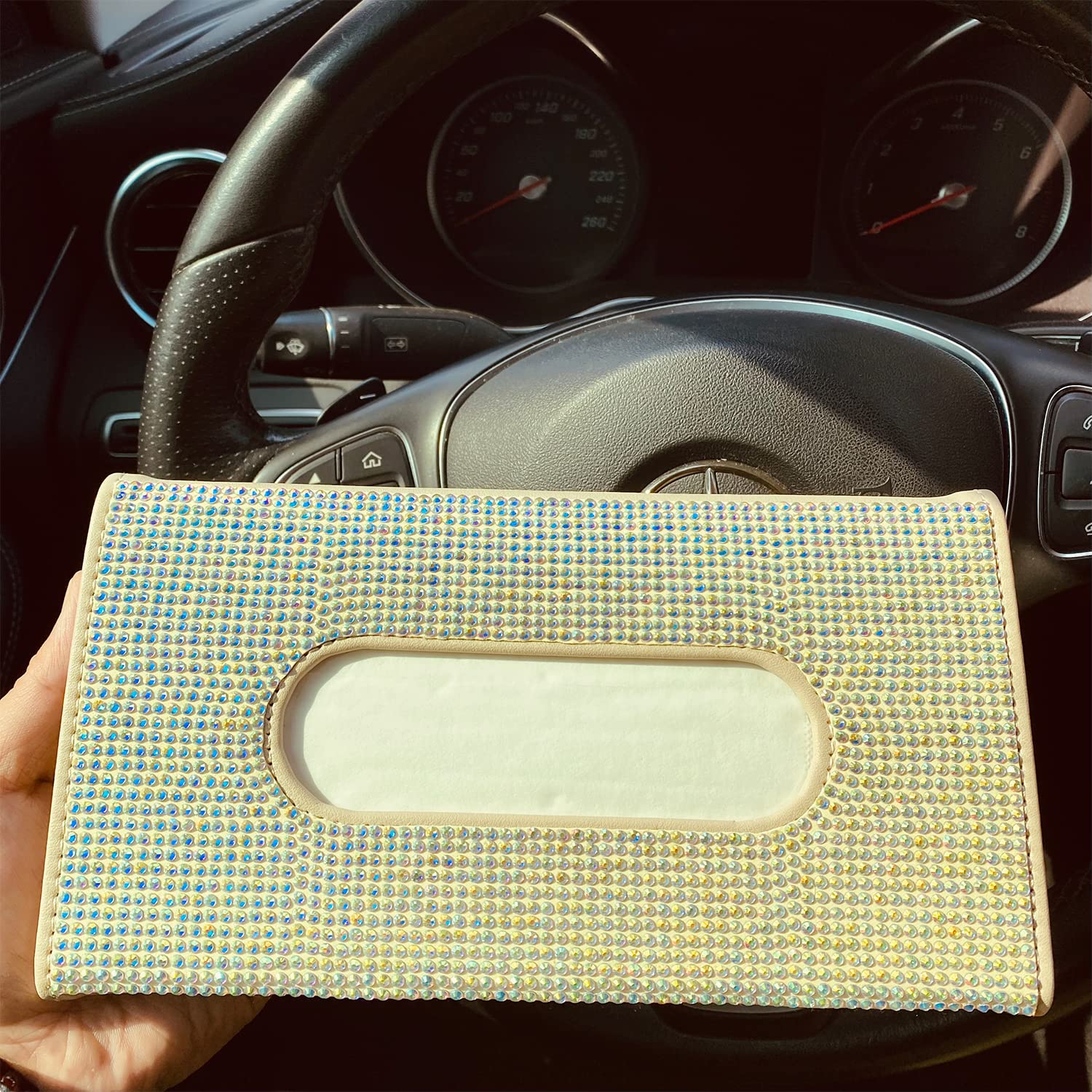 Bling Bling Car Sun Visor Tissue Box Holder - Beige Mixed Car Accessories for Women | Car Visor & Backseat Tissue Holder | Perfect for Road Trips, Daily Commutes & Travel Organization