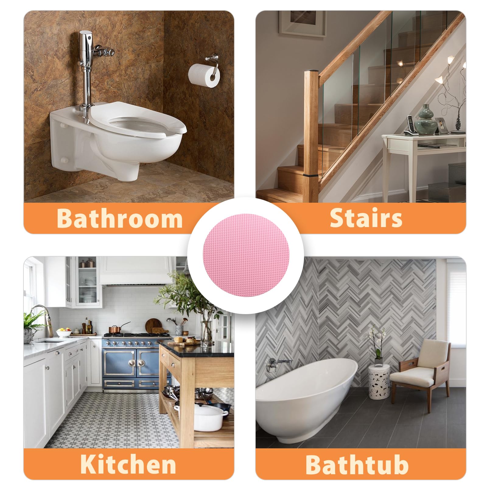 24-Pack Pink Non-Slip Bathtub Stickers - Round Adhesive Anti-Slip Shower Decals for Bathroom Floor, Stairs & Ladders - Includes Scraper Tool - Perfect for Kids & Elderly Safety in Wet Areas