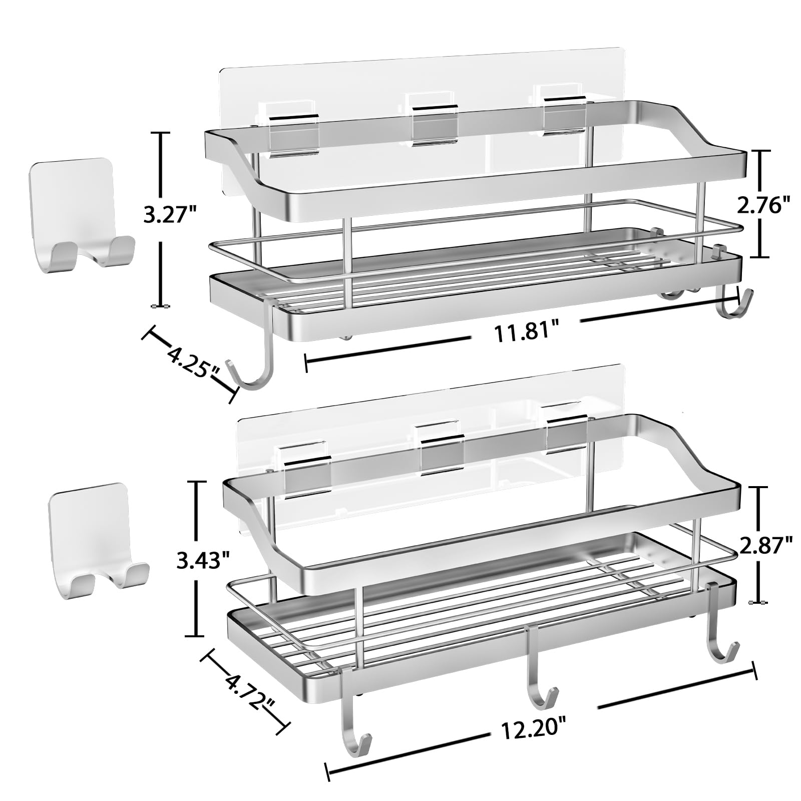 Carwiner 2-Pack Shower Caddy with 8 Hooks - SUS304 Stainless Steel Bathroom Shelf & Wall Mounted Storage Organizer for Shampoo, Conditioner & Kitchen Supplies | No Drilling Installation | Perfect for Small Bathrooms & Apartment Living