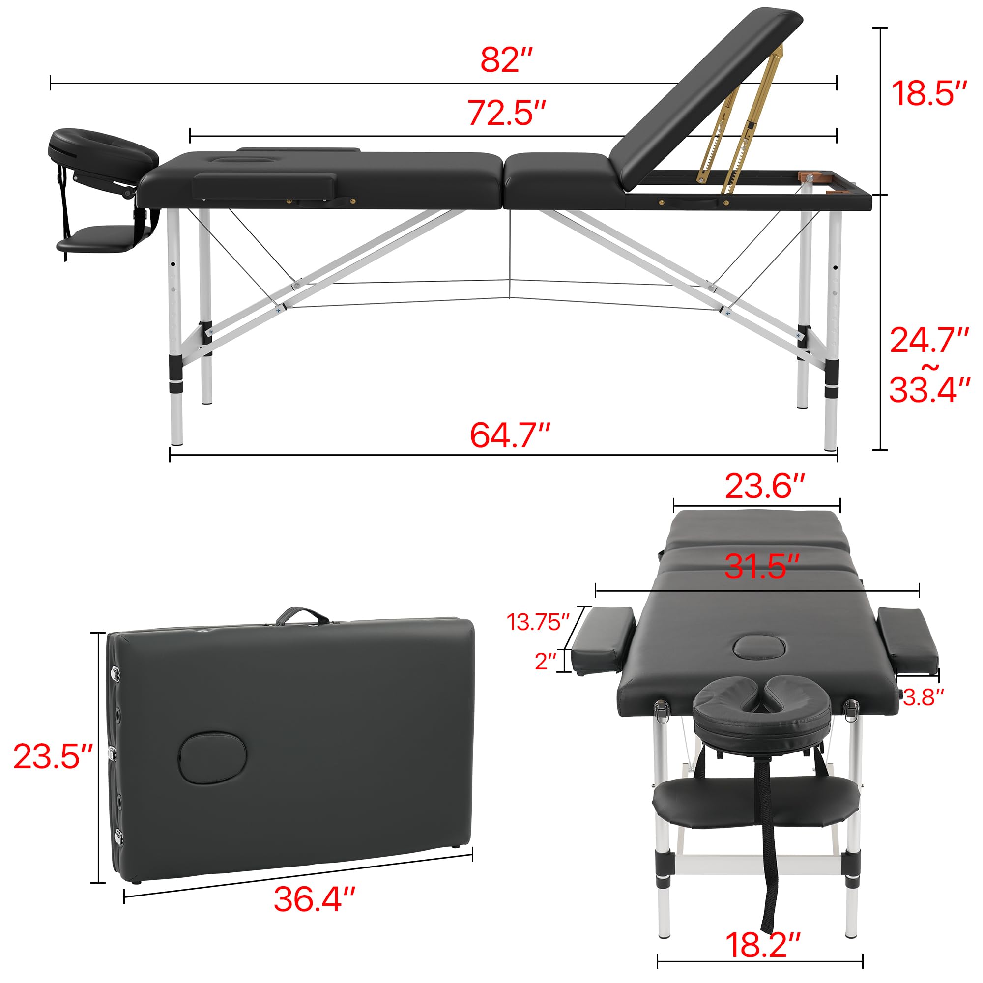 Portable 3-Section Foldable Massage Table - Adjustable Height Tattoo & Lash Spa Bed with Face Cradle | Lightweight Aluminum Frame Salon Bed for Home & Professional Use | Perfect for Massage Therapists, Tattoo Artists & Beauty Salons