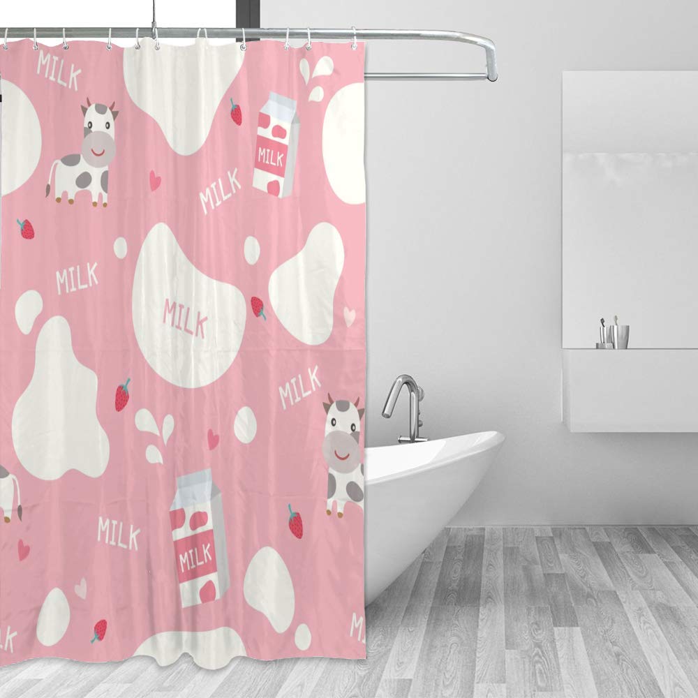 Cute Cow Strawberry Milk Box Shower Curtain Set - Waterproof Polyester Fabric with Hooks, 60x72 Inch, Machine Washable & Durable Bathroom Decor - Perfect for Kids' Bathrooms, Farmhouse Style Decor, and Themed Nursery Bath Spaces