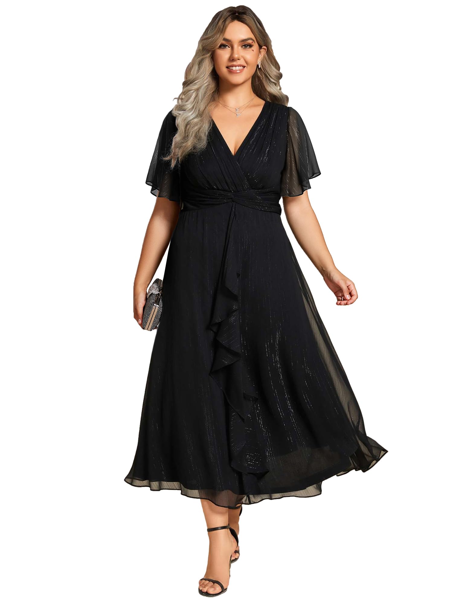 Ever-Pretty Plus Size Women's V-Neck Pleated A-Line Midi Dress - Short Sleeve Semi-Formal Dress for Weddings, Parties & Office Wear (Style 02131-DA)