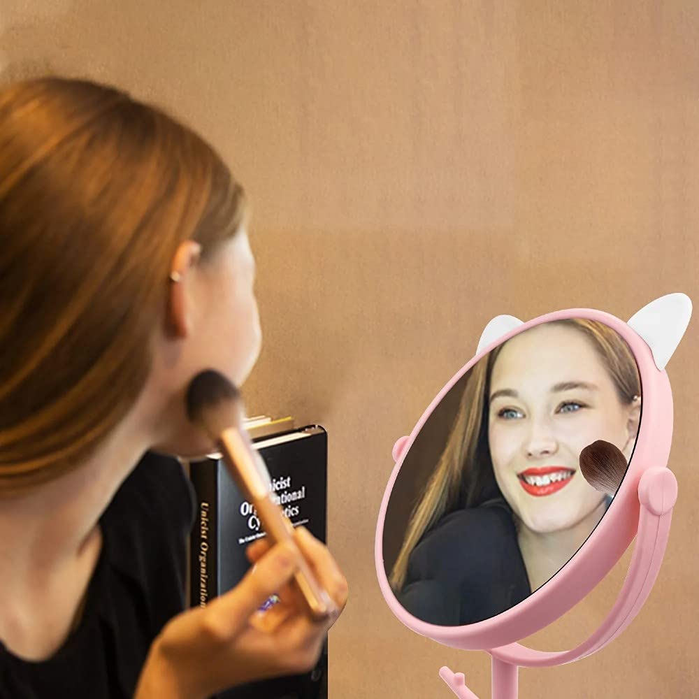 Cute Cat Ears Vanity Mirror - Folding Desk Mirror for Makeup & Freestanding Use | Pastel Pink Cosmetic Mirror for Bedroom, Bathroom & Dressing Table | Portable Compact Mirror with Adjustable Angle