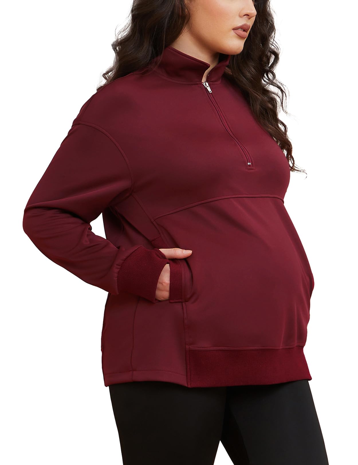 Bhome Maternity Sweatshirt - Half Zip Active Maternity Shirt with Thumbholes & Pockets - Long Sleeve Pullover for Pregnancy Comfort - Perfect for Yoga, Workouts & Everyday Wear