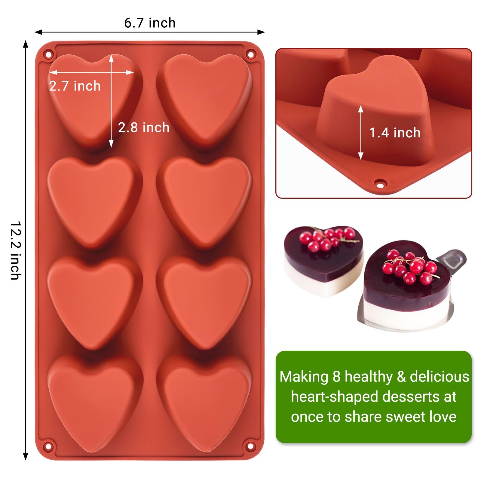 JOERSH 2-Piece Heart Shaped Silicone Chocolate Molds - 8-Cavity Non-Stick Baking Pans for Brownies, Cheesecakes, Puddings & Jelly - Perfect for Valentine's Day, Weddings & Romantic Dessert Making