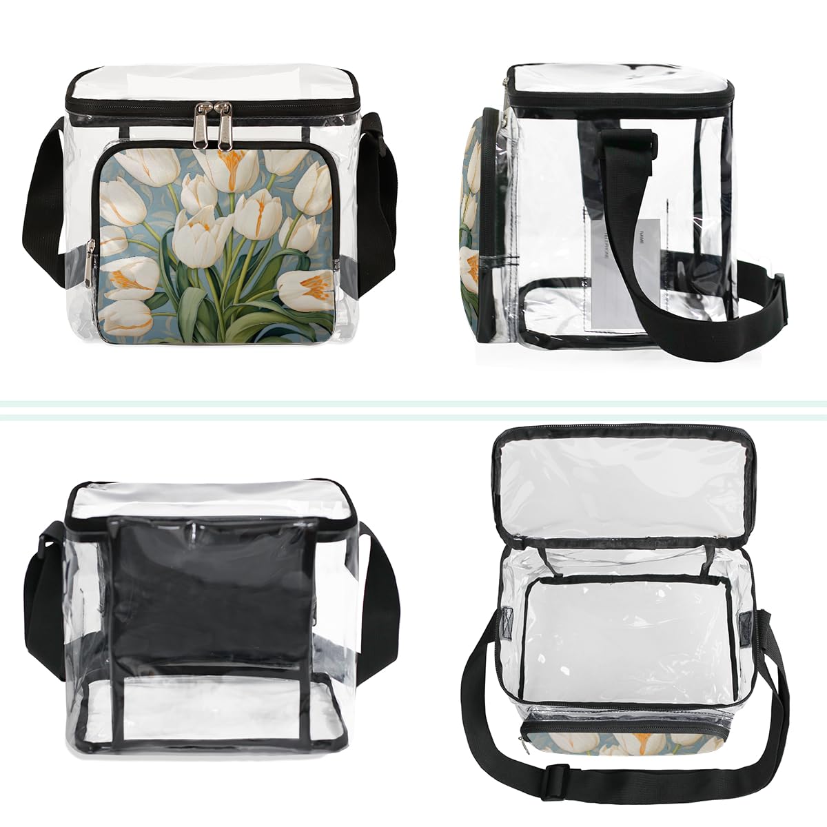 GzLeyigou White Tulips Clear Tote Bag with Handles - Floral Transparent Crossbody Shoulder Bag for Women - Perfect for Outdoor, Travel, Picnic, Concerts & Sports Events (Stadium Approved) - Lunch Bag, Beach Essentials & Shopping Companion