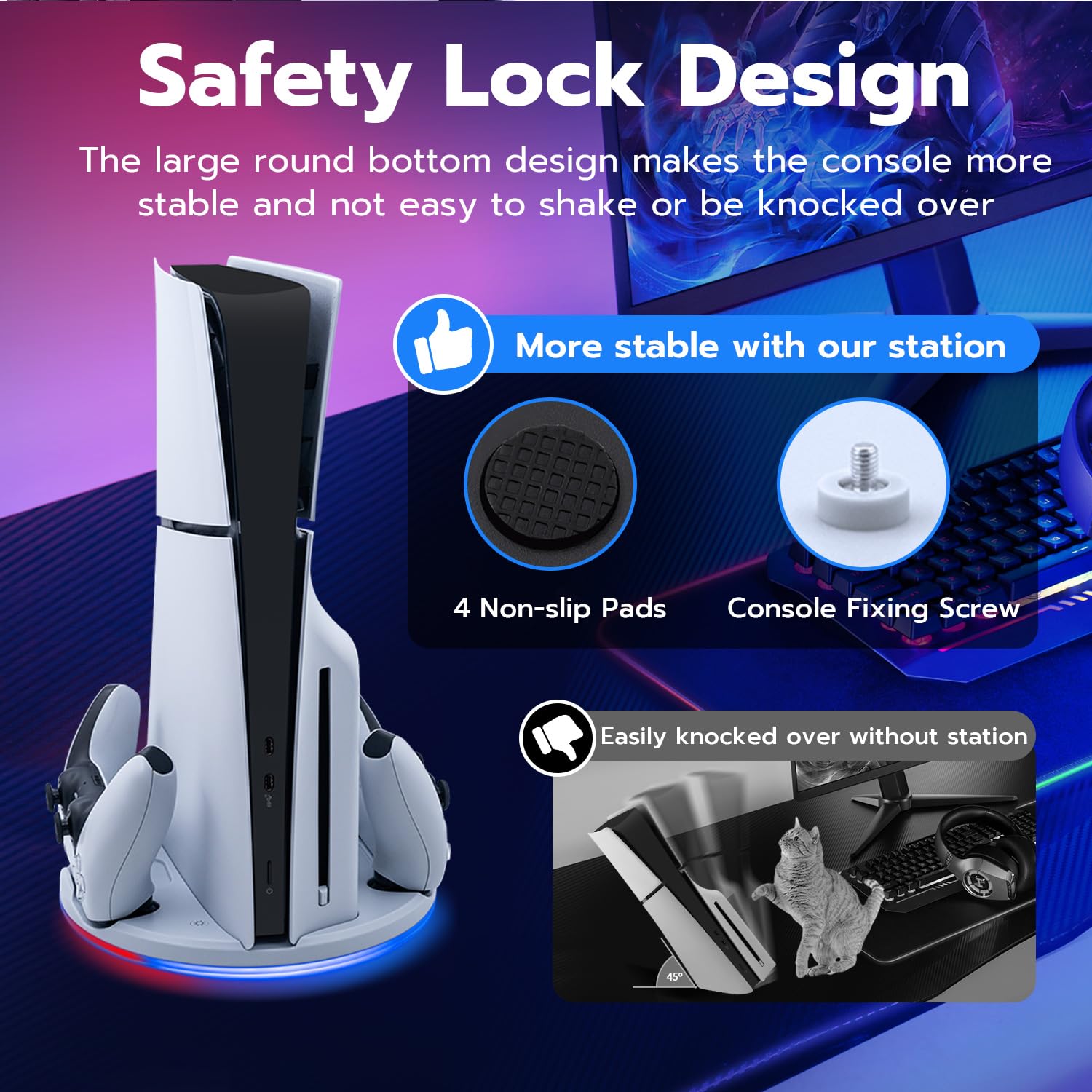 PS5 Slim Vertical Stand with LED Light & Fast Charging Dock - Dual Controller Charging Station, Headset Hook Accessories - White (Compatible with PS5 Slim Digital/Disc Edition) - Perfect for Gaming Setup & Organized Playstation Accessories Storage