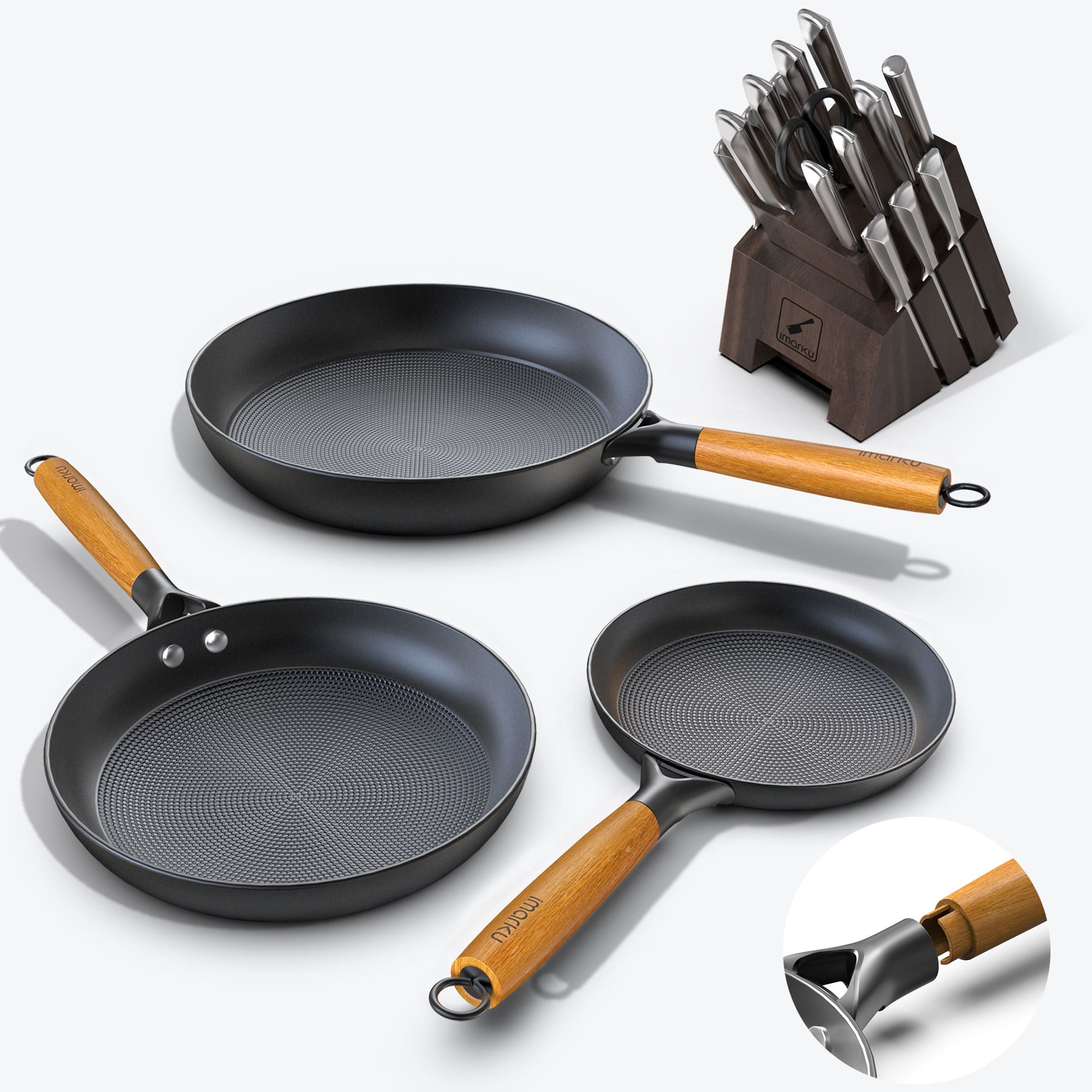 Premium Cast Iron Fry Pan Set & Japanese Knife Block Set - 10-Piece Non-Stick Cookware & 5-Piece Chef Knives Bundle for Home Kitchen, Cooking Enthusiasts - Perfect for Searing, Frying, Chopping & Meal Prep