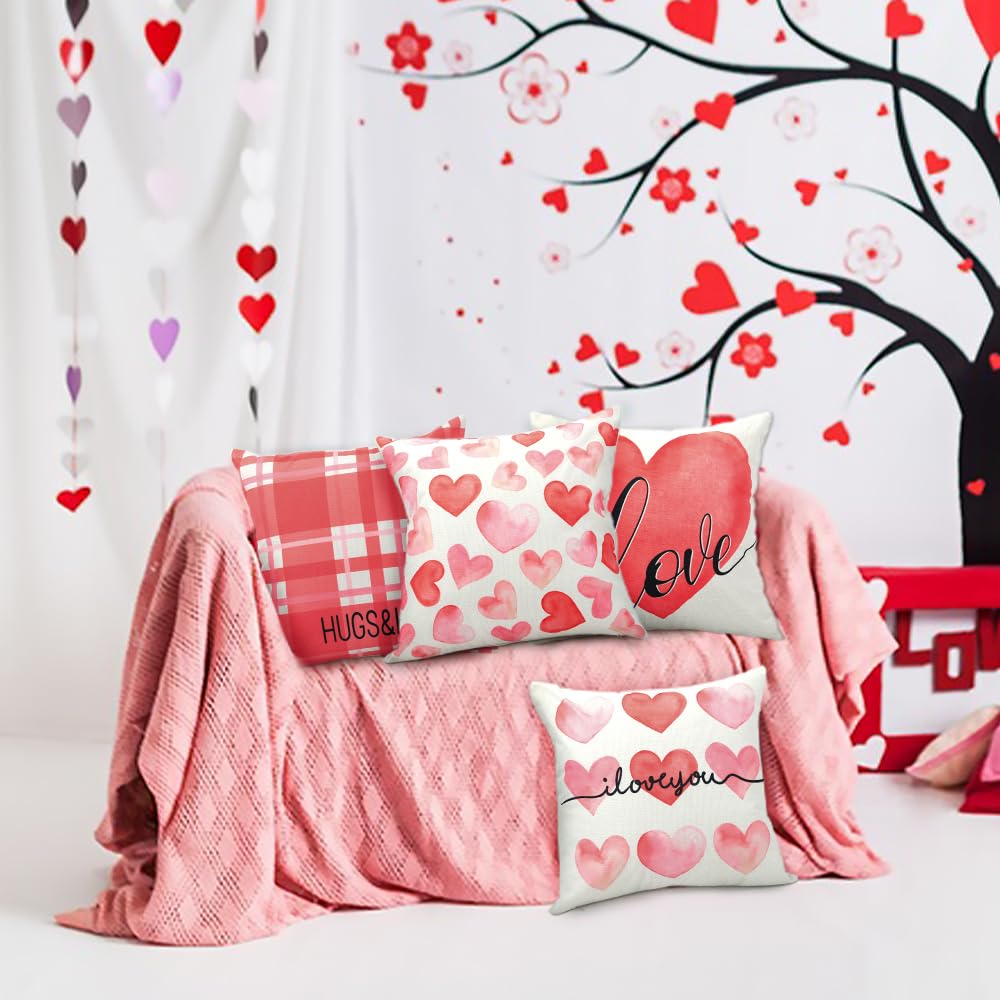 4pcs Valentine's Day Heart Pillow Covers 18x18 Inch - Romantic Love Cushion Cases for Sofa, Couch & Home Decor (Perfect for Valentine's Gifts, Anniversary & Couples Bedroom Decor)