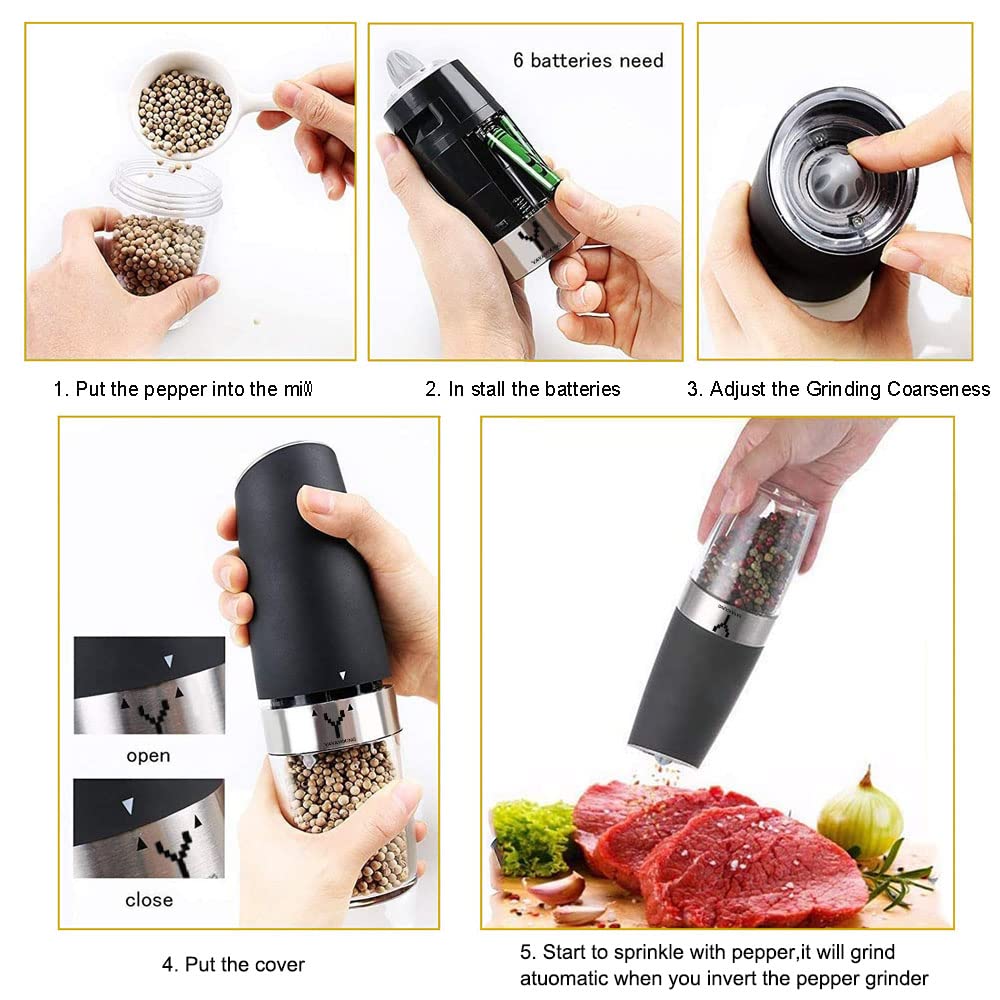 Premium Electric Gravity Pepper Grinder Set of 2 - Adjustable Coarseness, Automatic Salt & Pepper Mill with Blue LED Light - Refillable Spice Shakers for Kitchen, Dining Table & Gourmet Cooking