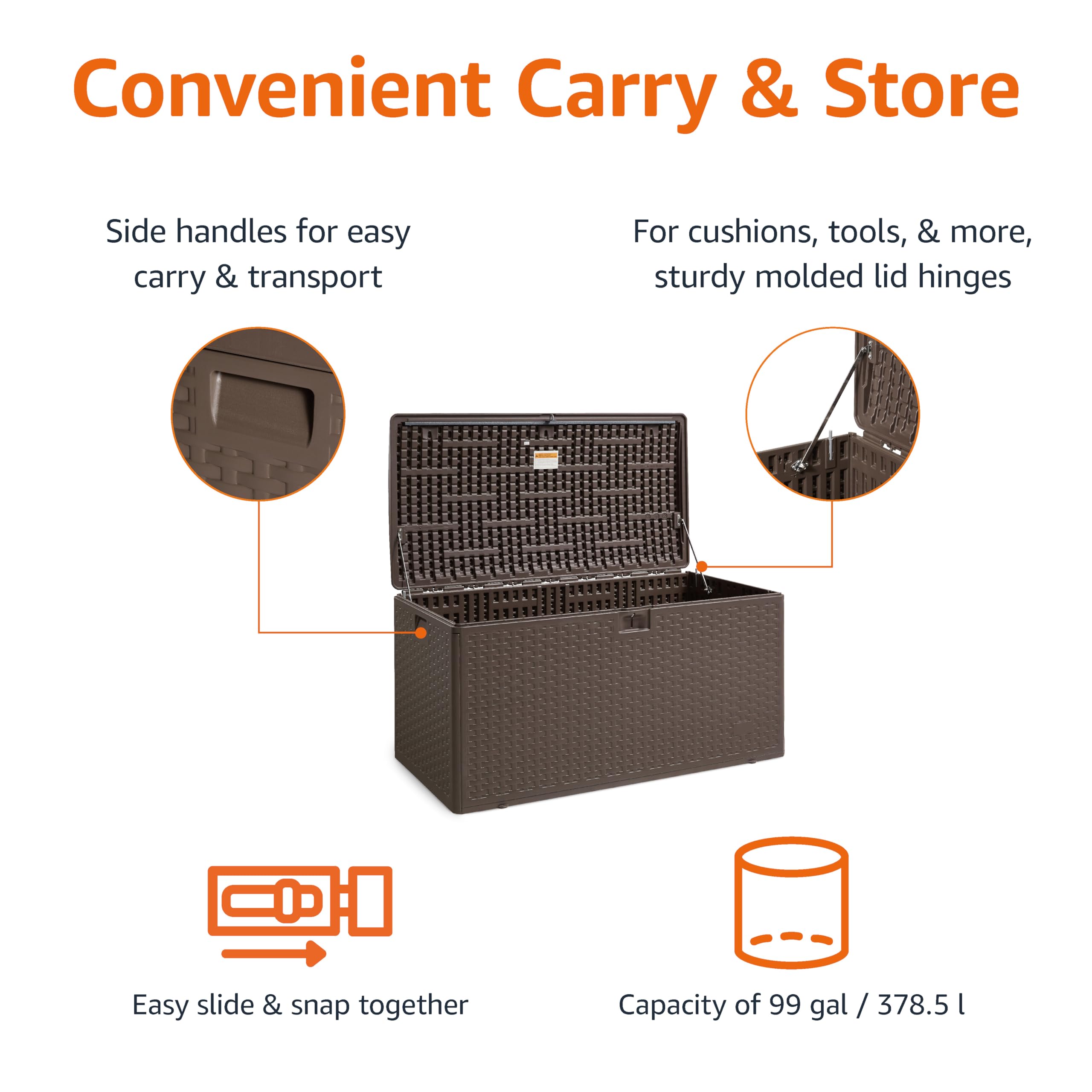 Amazon Basics 99 Gallon Outdoor Patio Storage Deck Box - Waterproof & Weather-resistant Deck Box for Patio Furniture Cushions, Garden Tools, Pool Accessories - Perfect for Backyard, Deck, and Poolside Storage (Brown)