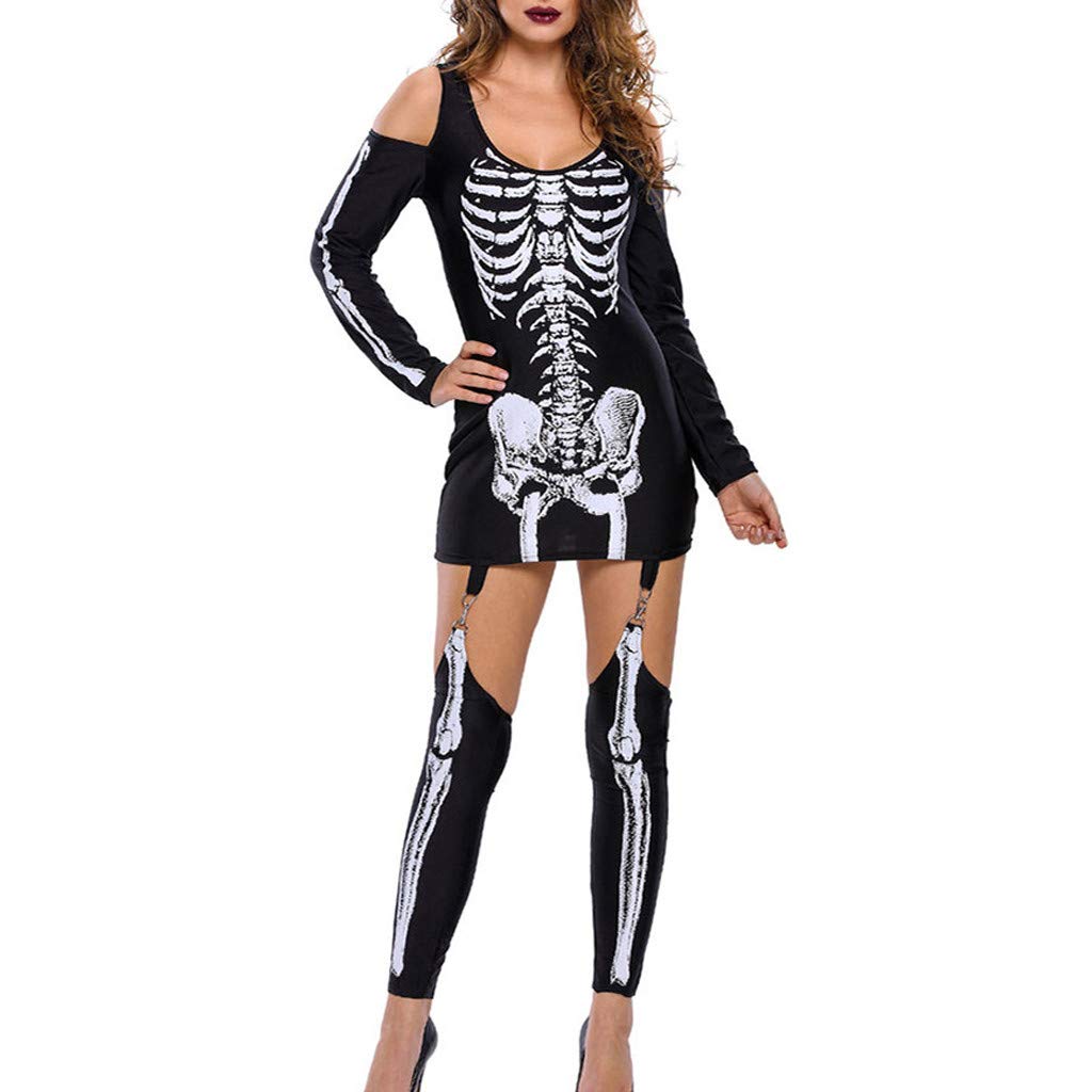 KoLan Women's Punk Skeleton Print Halloween Costume - Sexy Cold Shoulder Slim Jumpsuit Dress with Stockings | Gothic Party Outfit, Cosplay Costume, Nightclub Attire