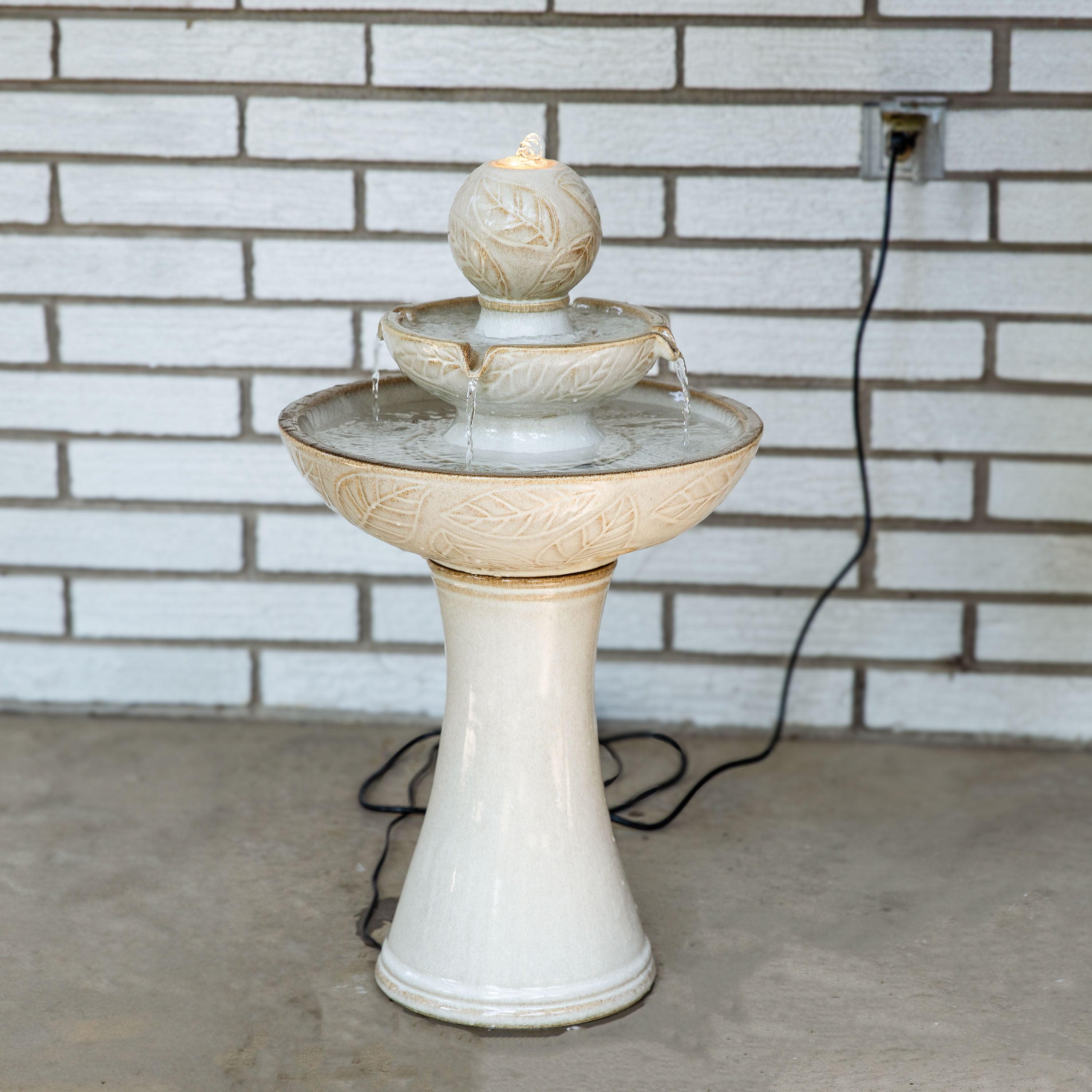 Sunnydaze Gentle Glow 2-Tier Ceramic Outdoor Fountain with LED Lights - Relaxing Water Feature for Garden, Patio, and Backyard Decor