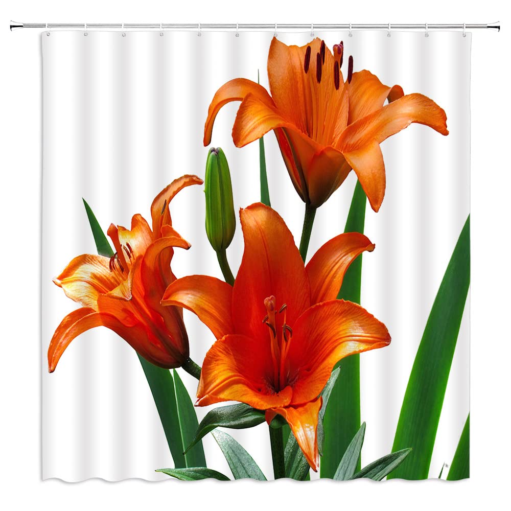 Orange Lily Floral Shower Curtain Set - 70x70 Inch Spring Garden Bathroom Decor with Hooks | Elegant Blossoming Flower & Green Leaves Design for Modern Home Decor | Perfect for Bathroom, Guest Room & Spa Retreat