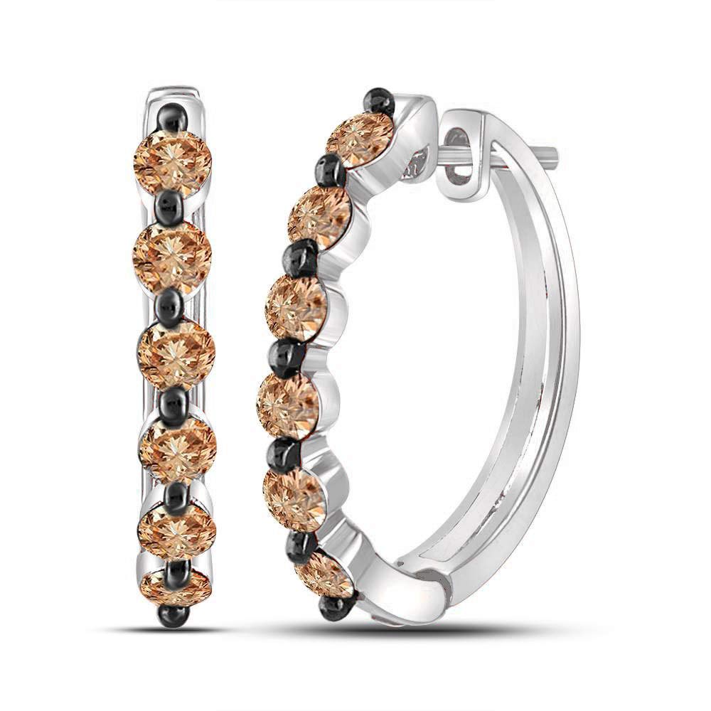 10K White Gold Women's Round Brown Diamond Hoop Earrings 1 CTTW - Elegant Jewelry for Everyday Wear, Parties & Special Occasions