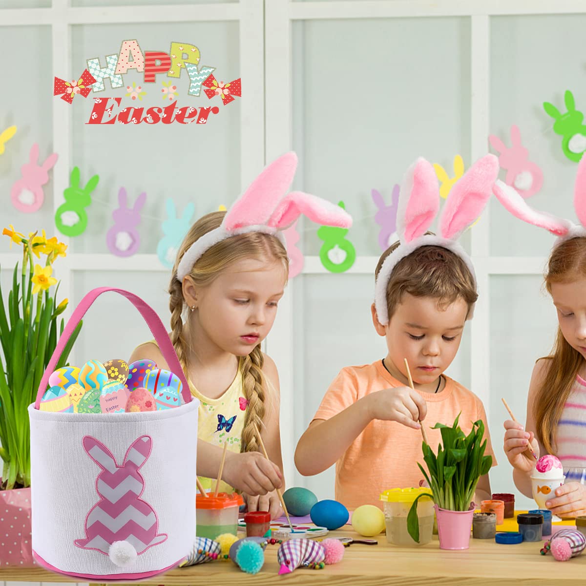 Easter Bunny Basket Bags for Kids - Striped Rabbit Pattern Cotton Canvas Egg Hunt Bag with Fluffy Tail - Personalized Easter Gift Basket for Candy, Eggs & Treats (Pink) - Perfect for Easter Egg Hunts, Spring Celebrations & Kids' Party Favors