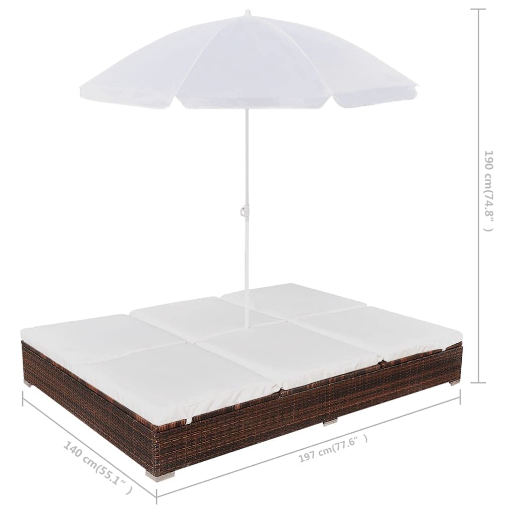 Brown Poly Rattan Adjustable Reclining Patio Lounge Bed with Umbrella - Perfect for Outdoor Relaxation in Garden, Beach, Poolside, Lawn, and Sunbathing Areas