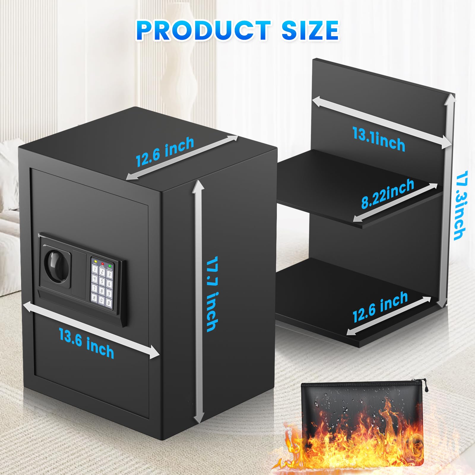 3.3 Cu Ft Fireproof & Waterproof Home Safe Box - Digital Security Lock with Smart Alert System, Anti-Theft Protection for Money & Jewelry - Removable Shelf & Mute Function - Ideal for Home, Office & Travel Use