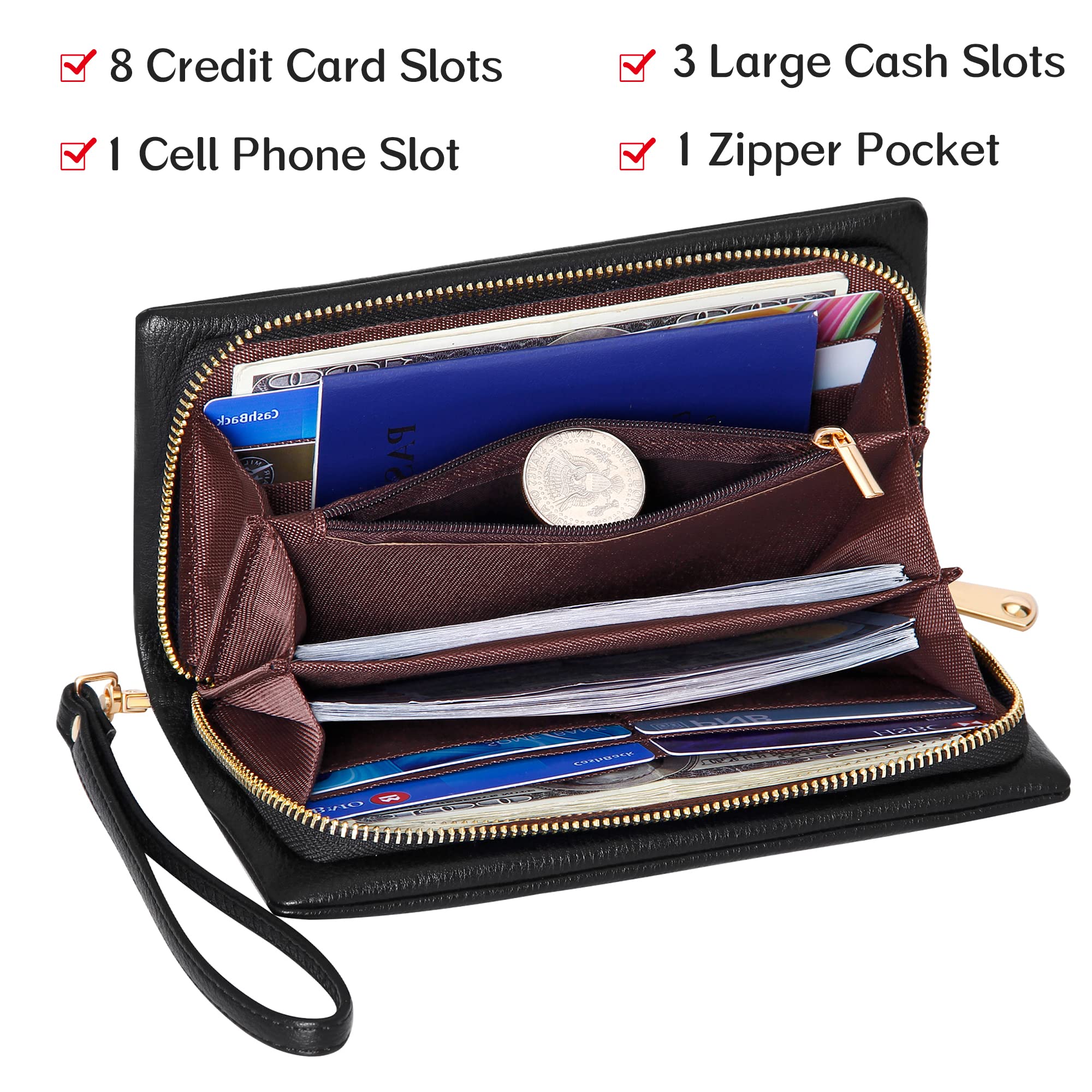 Women's RFID Blocking Large Capacity Zip Around Wallet - PU Leather Credit Card Holder & Travel Purse with Wristlet Strap | Perfect for Everyday Use, Shopping, and Travel