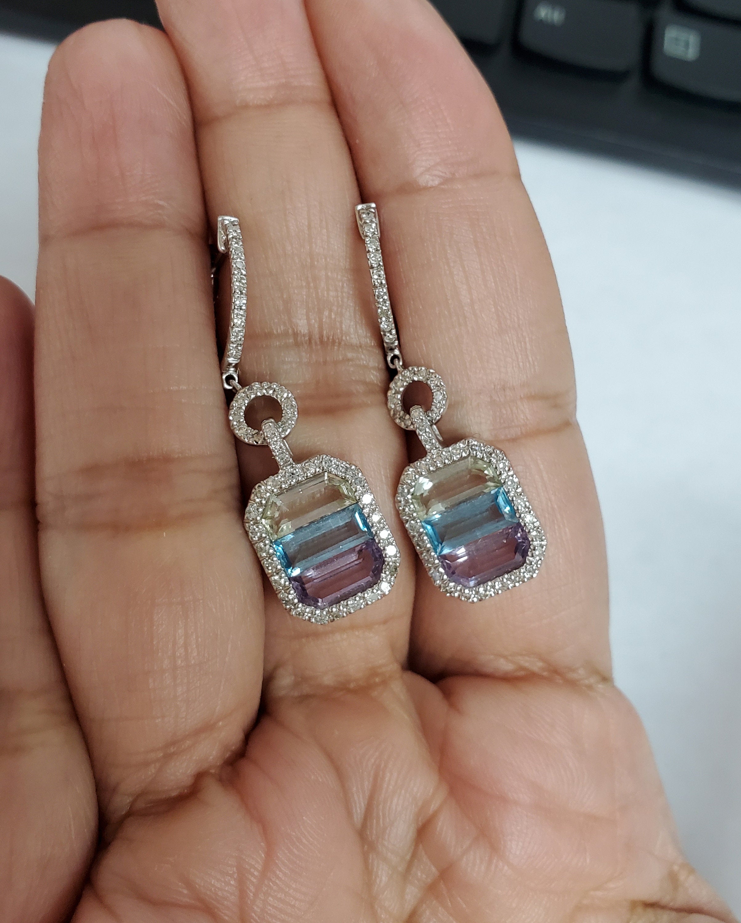 Lavender Quartz Pink Amethyst Blue Topaz Diamond Drop Earrings for Women - Elegant Dangle Earrings for Wedding, Party & Evening Wear