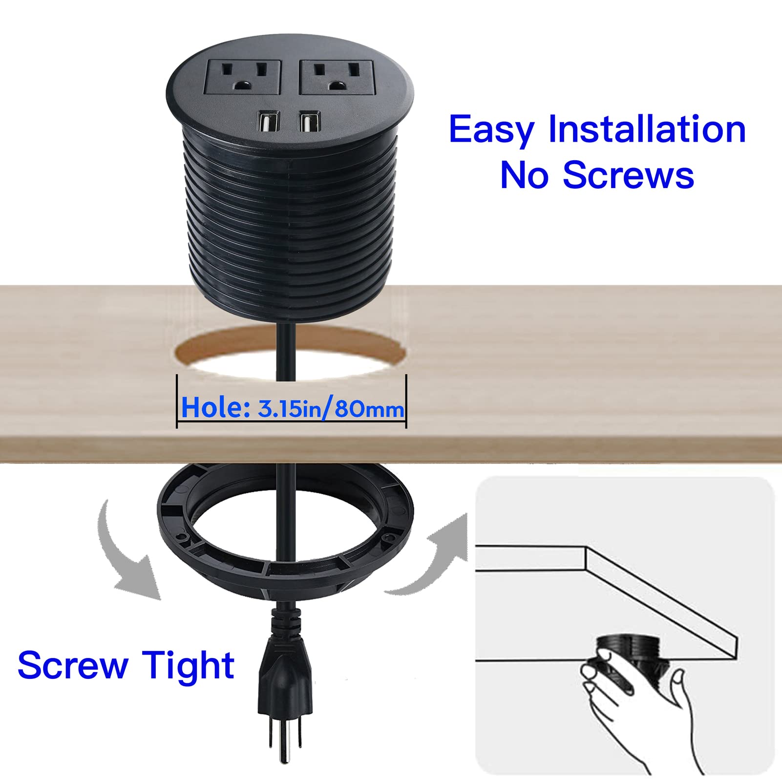 Black Desk Power Grommet with 4 USB Ports & 3 AC Outlets - Recessed Power Strip for Home Office, Conference Room, Countertop, Sofa Cabinet - Cable Management Solution for Workstations & Entertainment Centers