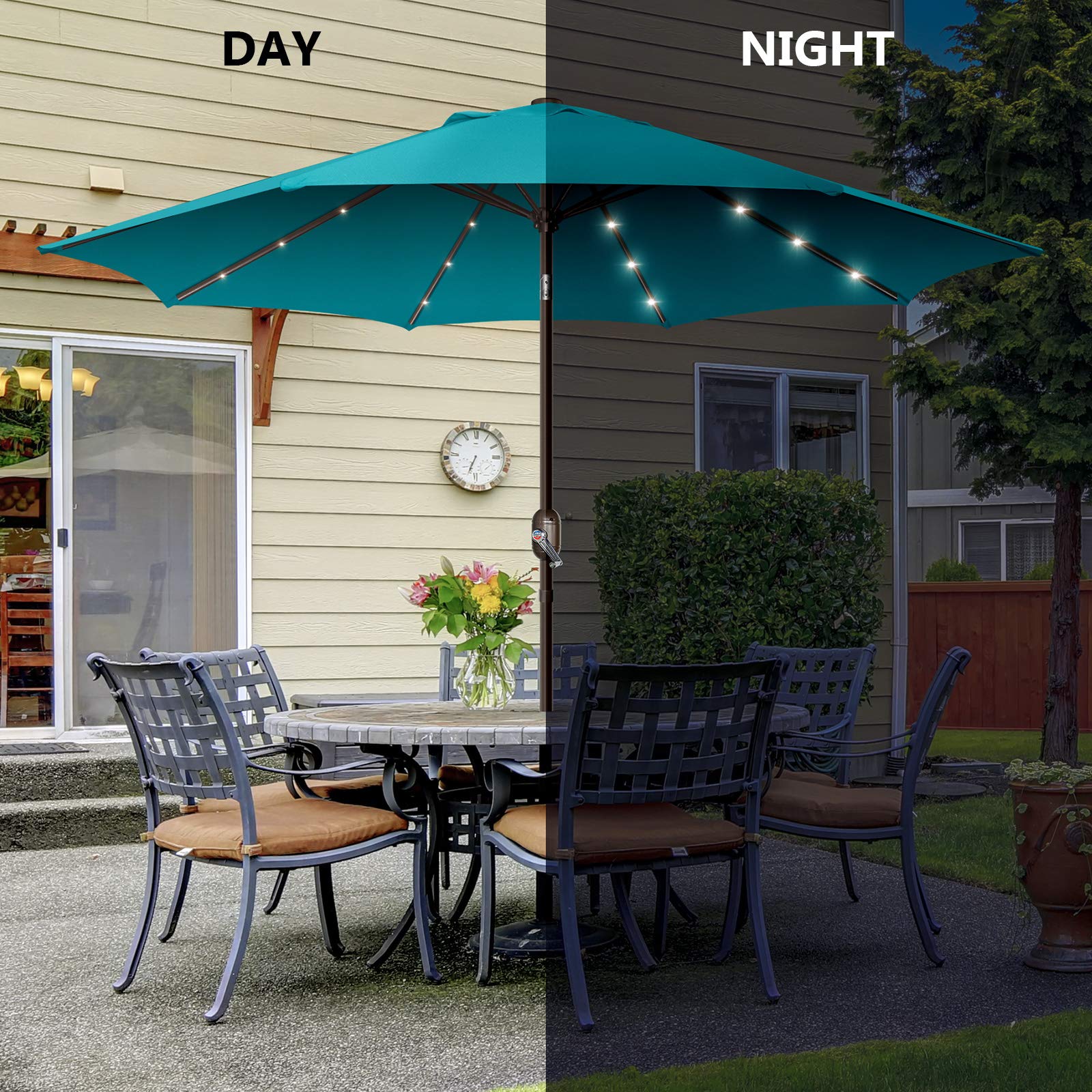 9ft Solar LED Patio Umbrella with 24 Lights & Push Button Tilt Crank - Waterproof Outdoor Umbrella for Garden, Deck, Backyard, Pool - Perfect for Summer BBQs, Beach Parties & Outdoor Dining (Teal Green)