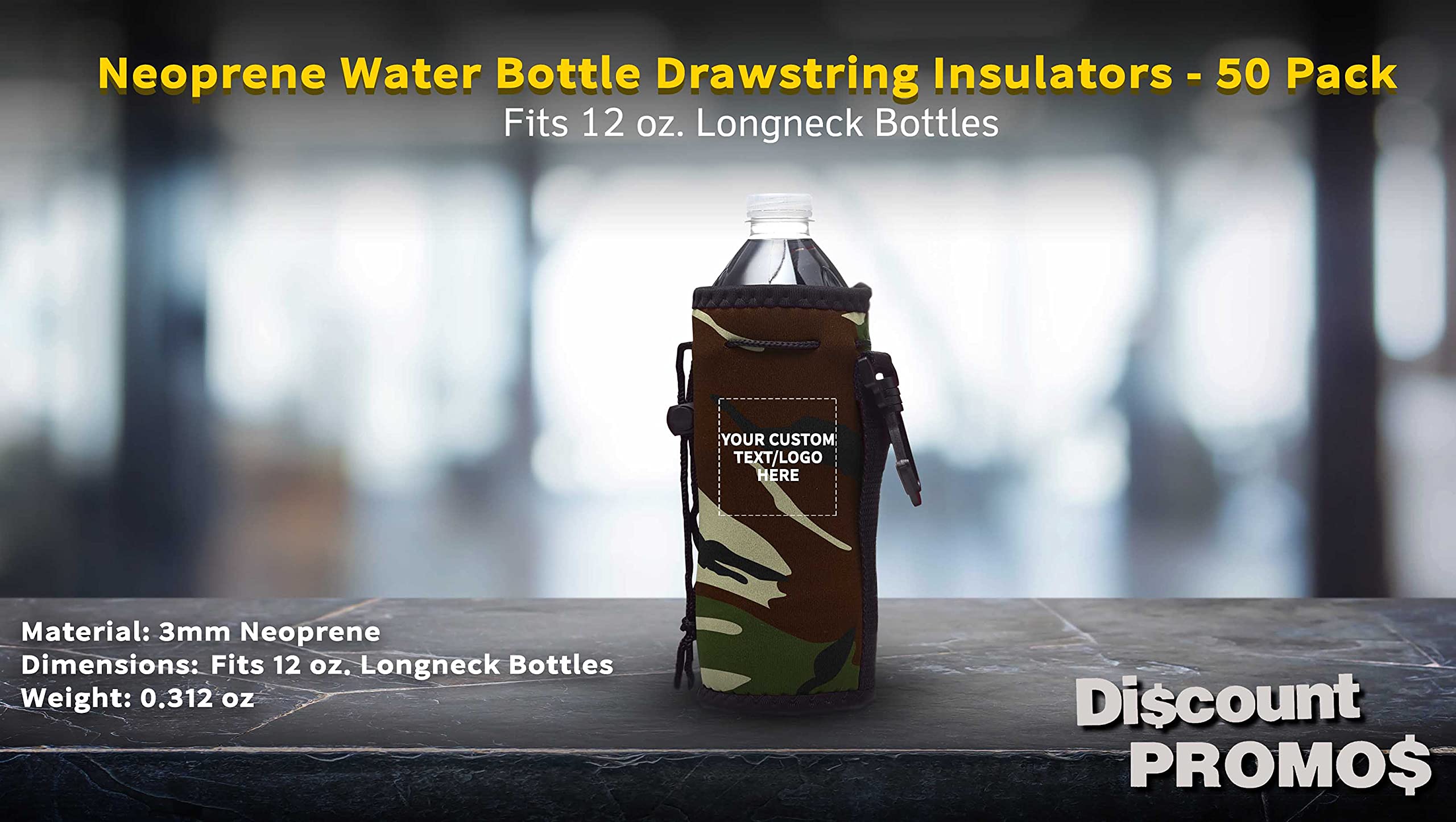 50 Pack Neoprene Water Bottle Insulators with Drawstring - Custom Text & Logo Printing - Fits 12 oz Longneck Bottles - Camouflage Design - Perfect for Outdoor Adventures, Sports Events & Corporate Gifts