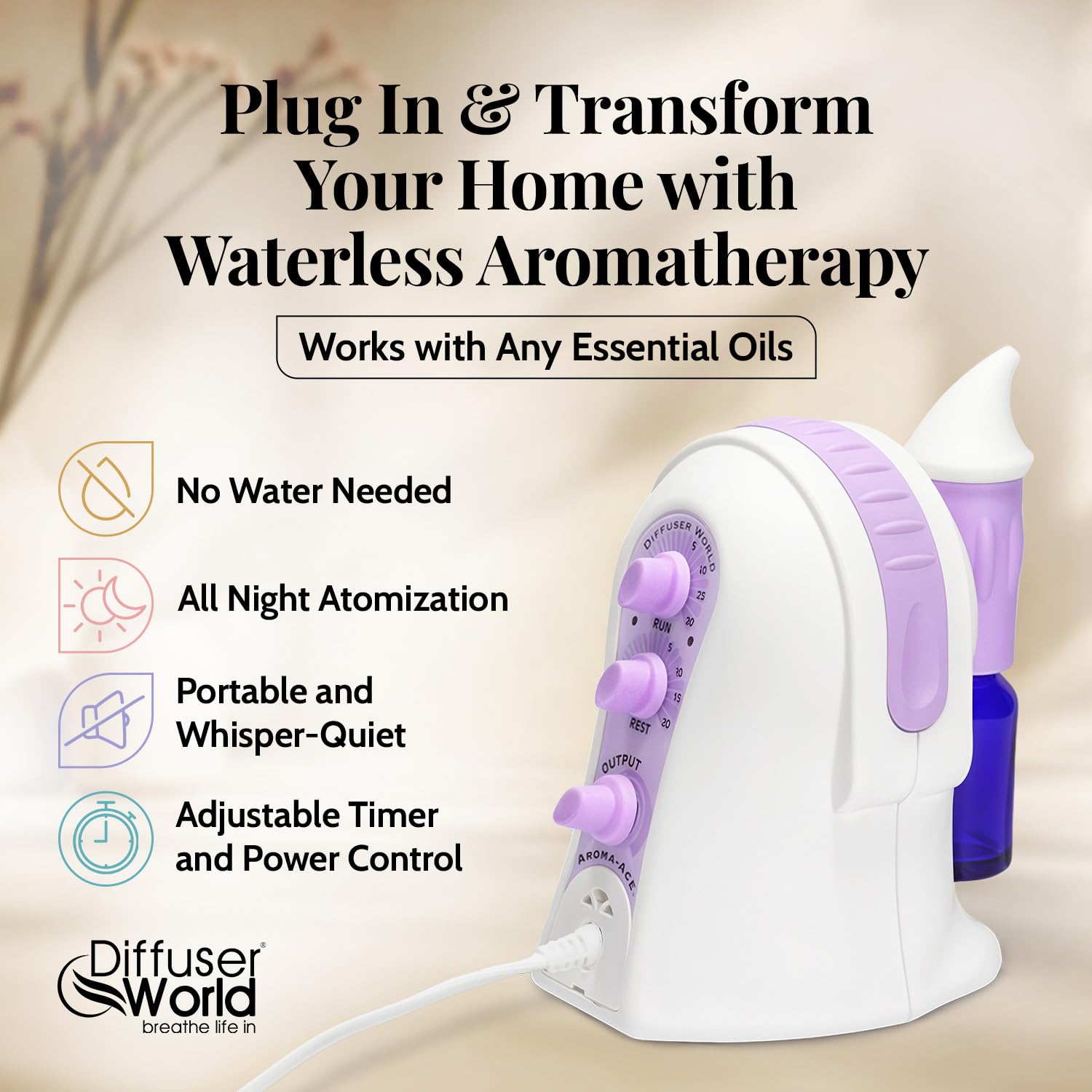 Premium Waterless Essential Oil Diffuser Atomizer - 110V USA-Made Whole House Aroma Diffuser for Home & Office - Lavender Scent by Diffuser World - Perfect for Relaxation, Yoga, Spa & Aromatherapy Sessions