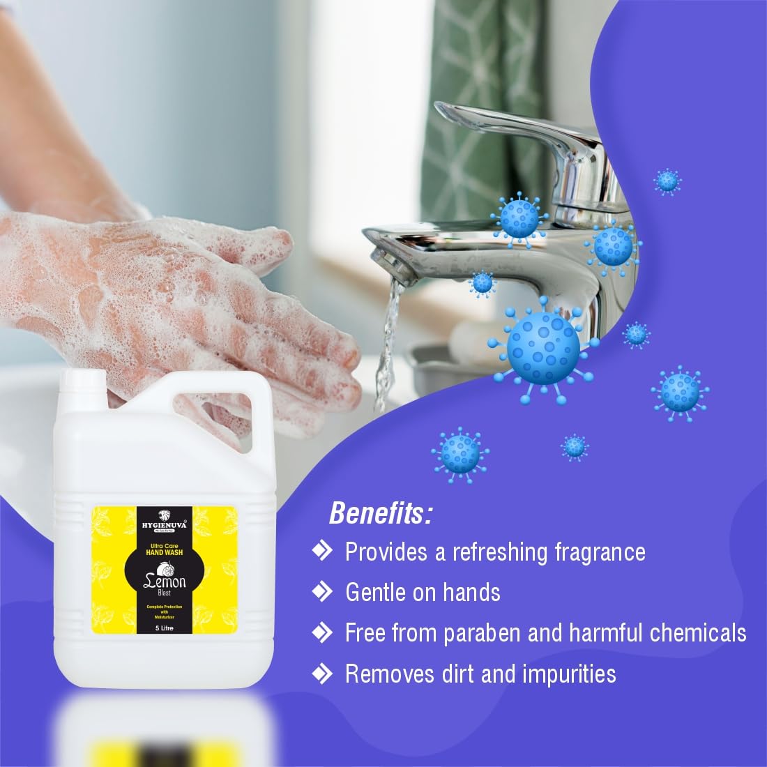 Hygienuva Ultra Care Lemon Hand Wash - 5L Deep Hygiene Cleansing Liquid with Moisturizing Formula | Refill Pack for Home, Office & Commercial Use