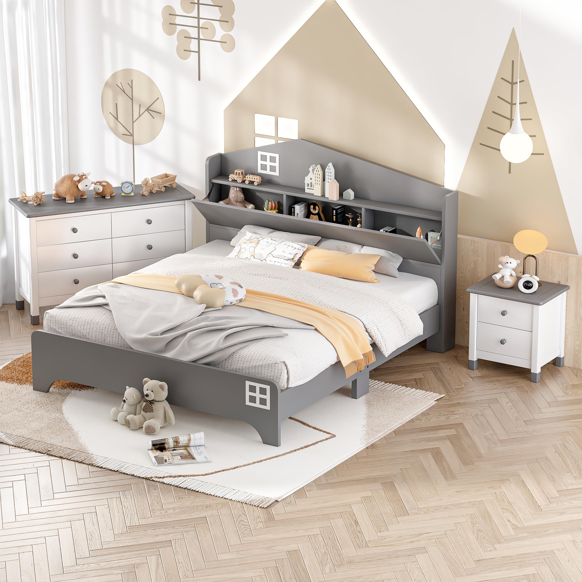**Merax 3-Piece Full Size Bedroom Set with Storage Headboard, Wooden Nightstand & Dresser - Gray | Modern Bedroom Furniture for Small Spaces & Guest Rooms**