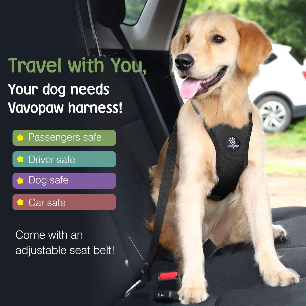 **Heavy Duty Dog Seat Belt for Car Safety - Adjustable Nylon Pet Harness with Buckle, XL Black - Secure Your Pet During Travel & Road Trips**