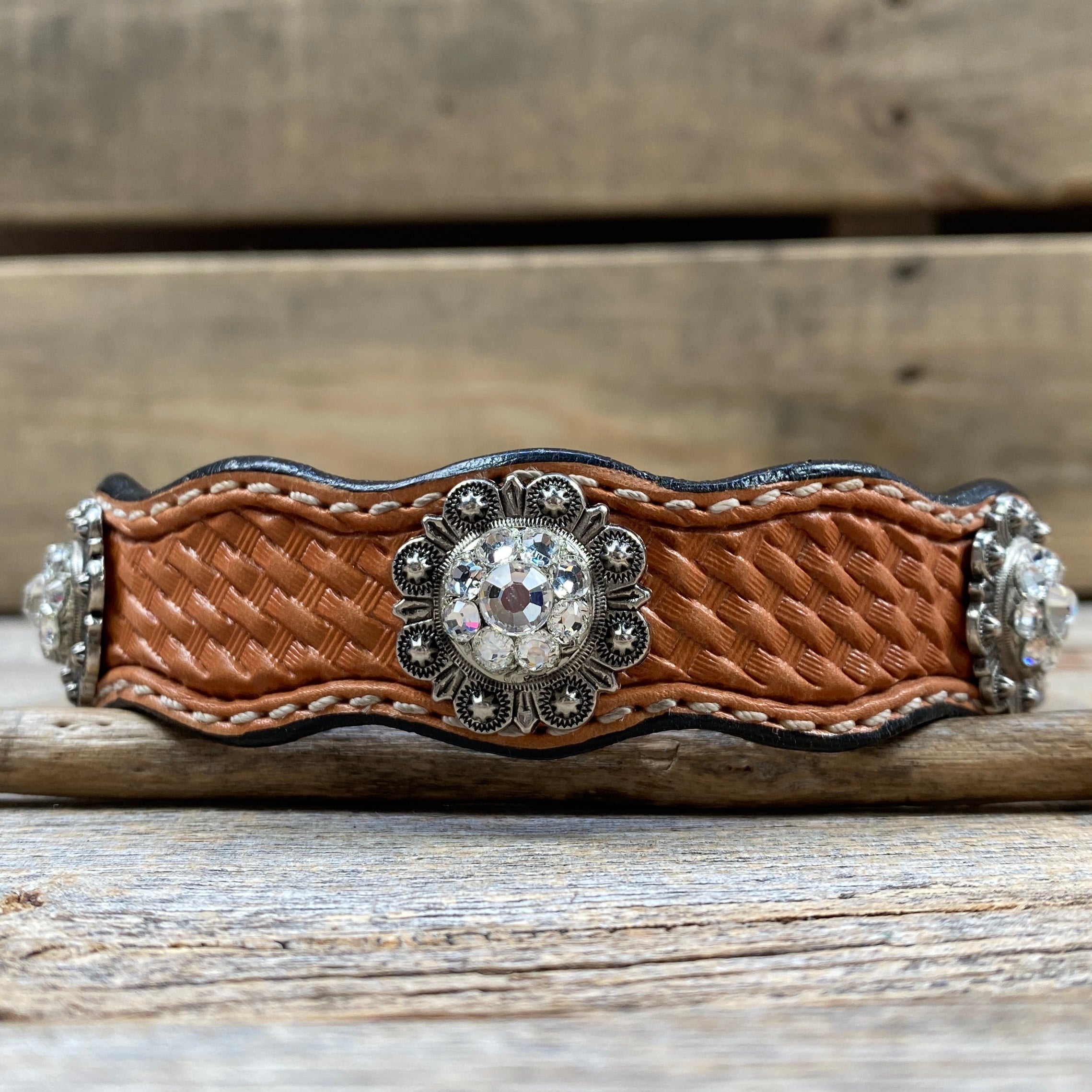 Premium Genuine Leather Dog Collar with Antique Silver Conchos - Adjustable 10 to 22 Inches (DC44) - Perfect for Training, Walks & Outdoor Adventures