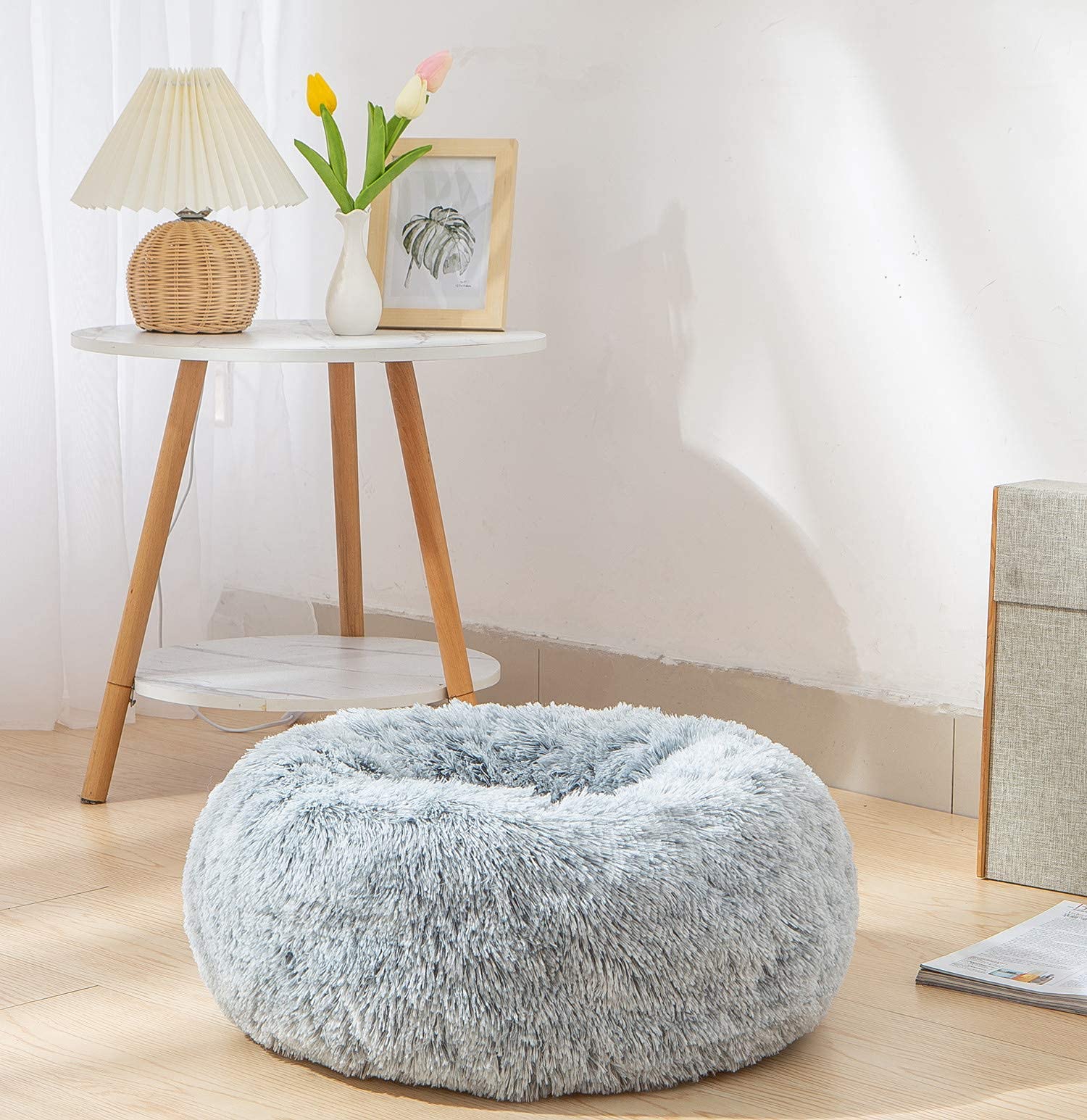 Calming Donut Dog Bed Medium - Plush Round Anti-Anxiety Pet Bed for Dogs & Cats, Soft Faux Fur Marshmallow Cushion (24 Inch, Grey) - Perfect for Anxiety Relief, Cuddling & Cozy Napping in Living Room or Bedroom