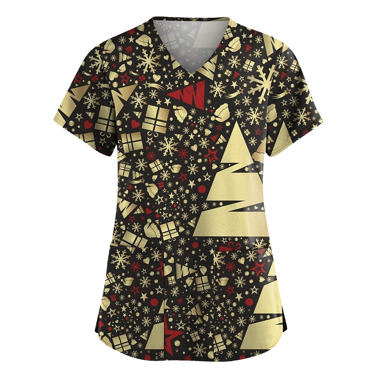 Funny Christmas Graphic Women's V-Neck Scrub Tops - Oversized Short Sleeve Casual T-Shirt with Side Slit | Trendy Fall Blouse for Nurses, Medical Professionals & Holiday Parties