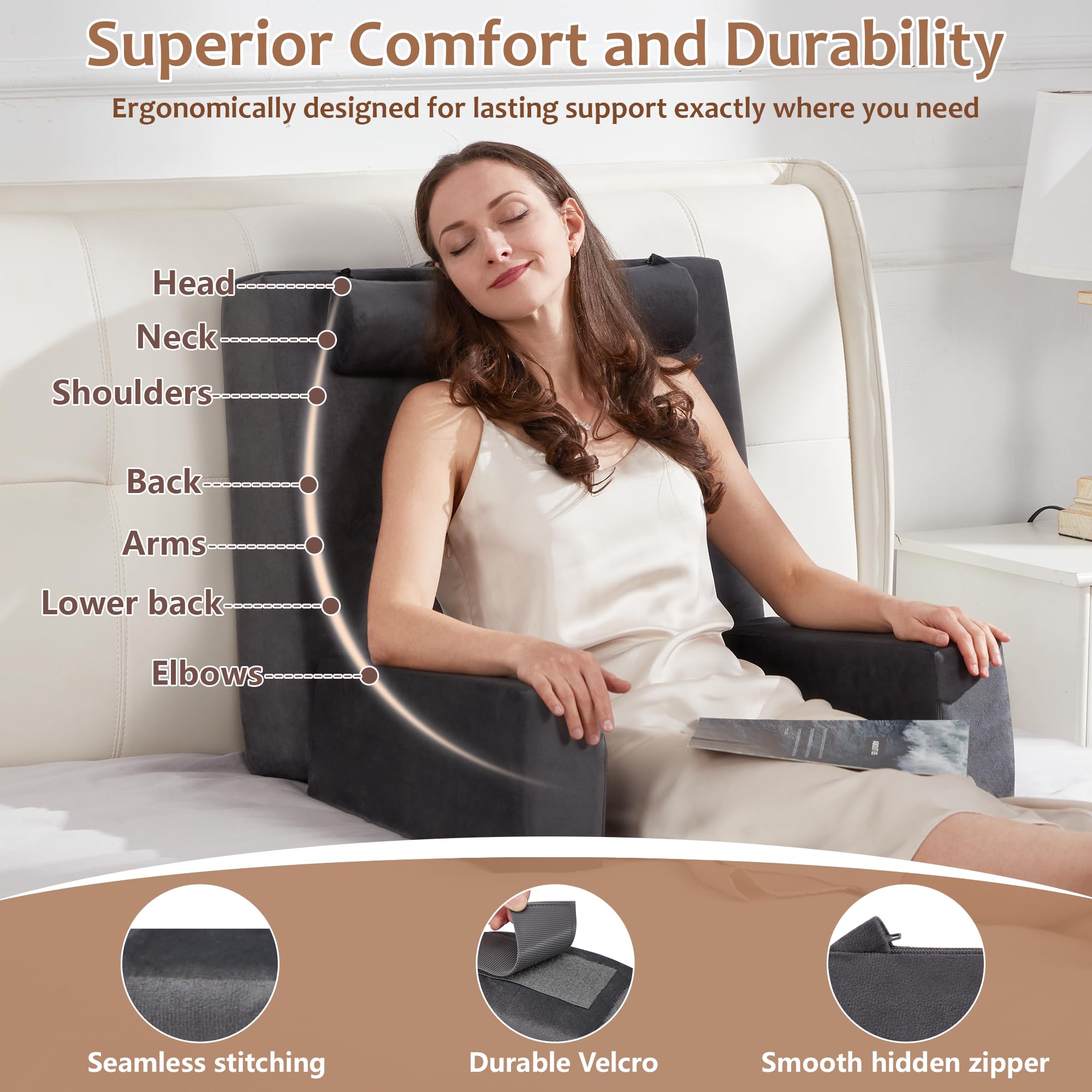 2-in-1 Reading Pillow with Armrest & Cup Holder - Ergonomic Back Support Cushion for Adults - Perfect for Bed, Couch & Floor Sitting - Ideal for Reading, Watching TV, Gaming & Relaxing (Dark Gray) - Great Gift for Book Lovers & Home Comfort