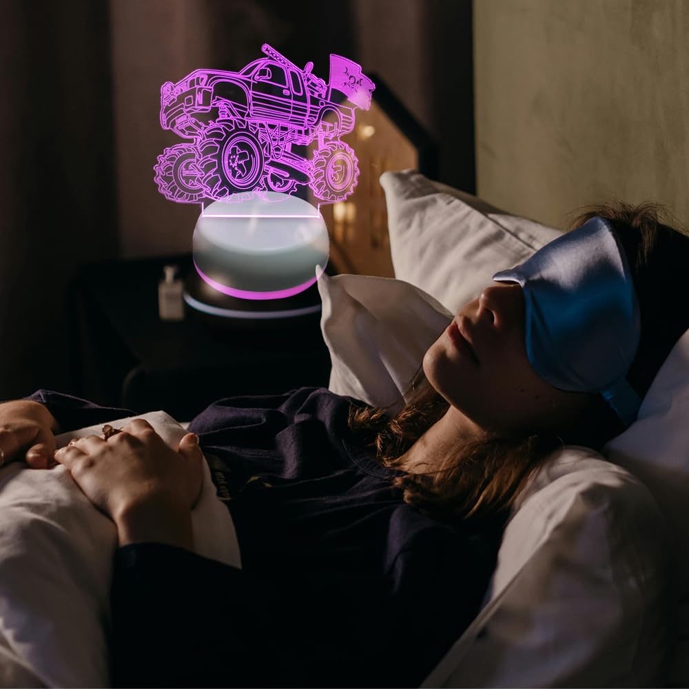 3D Monster Truck Illusion Night Light - Kids Bedside Lamp with White Base, Cool Desk Decor for Bedroom, Office, Store - Unique Christmas Gift for Boys, Girls, Men & Women | Perfect for Night Lights, Room Decor, Birthday Presents and Holiday Gifting