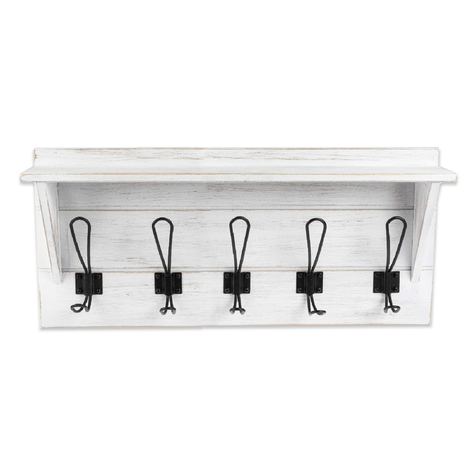 Ilyapa White Coat Rack Wall Mount with Shelf - Wooden Wall Mounted Coat Hanger with 5 Metal Hooks - Perfect for Hats, Jackets, Kitchen Towels & Bedroom Organization - Weathered White Finish - Ideal for Entryway, Mudroom, Bathroom & Home Decor